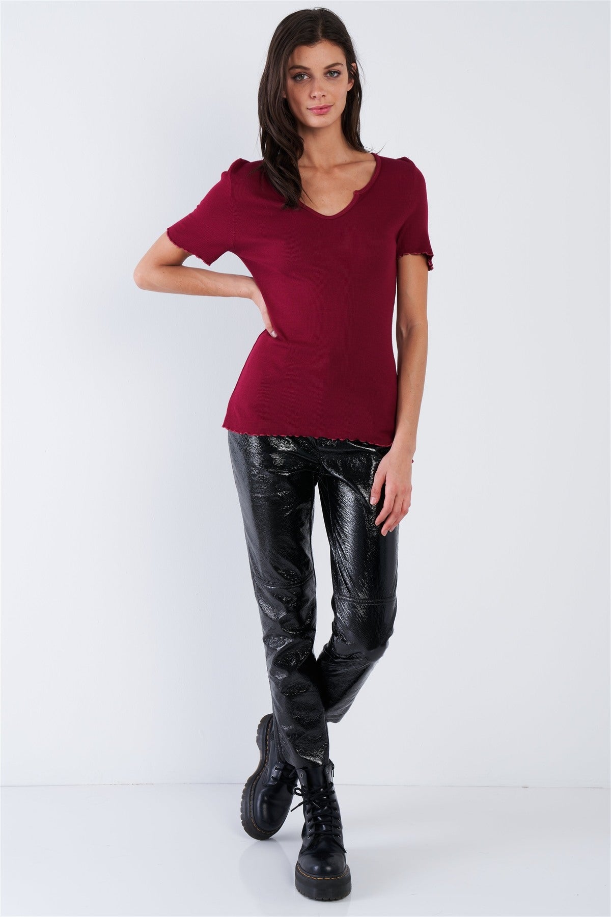 BERRY BASIC Cherry Red Ribbed V-neck Top