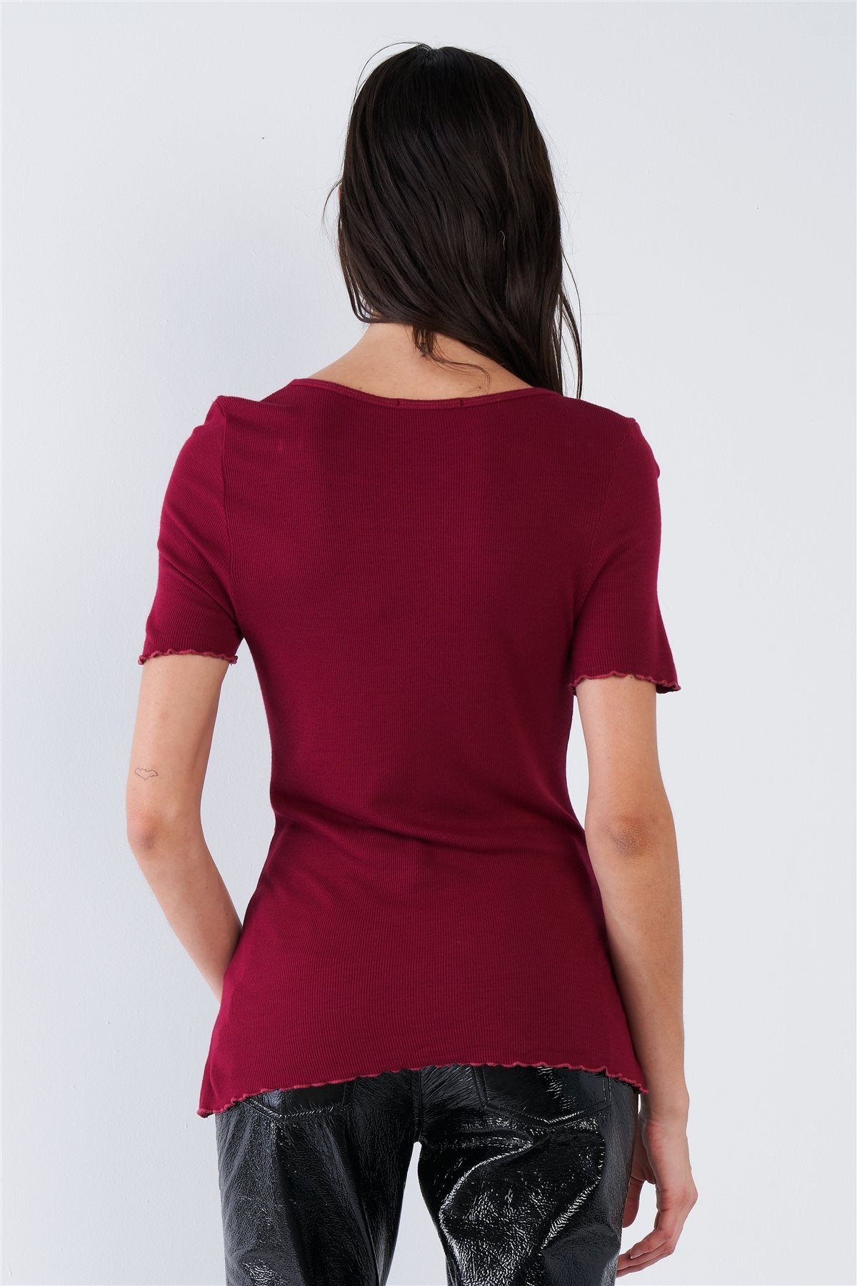BERRY BASIC Cherry Red Ribbed V-neck Top