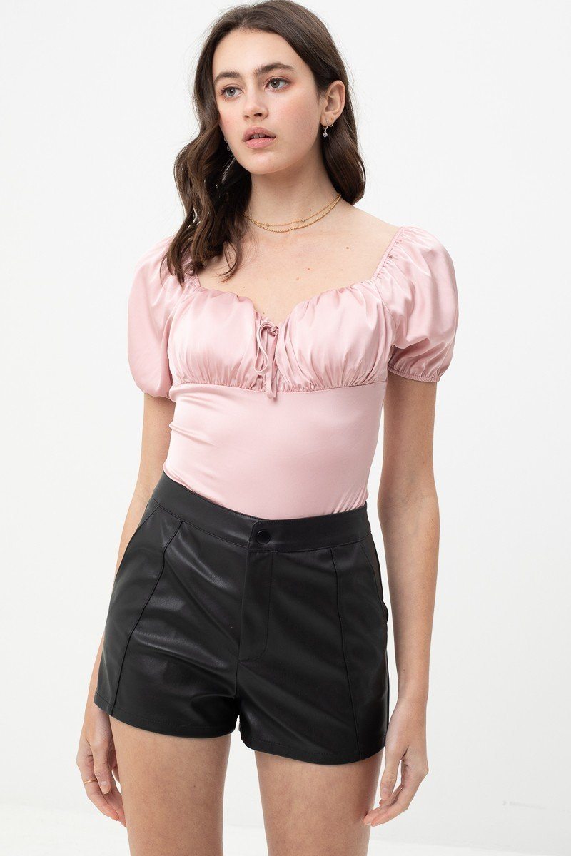 THE AUDRA Satin Bodysuit With Front Neck Tie And Scooped Neck