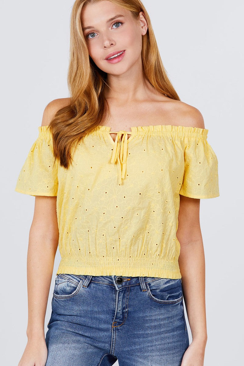 THE FAITH Short Sleeve Off The Shoulder Front Tie Detail Smocked Hem Eyelet Lace Woven Top