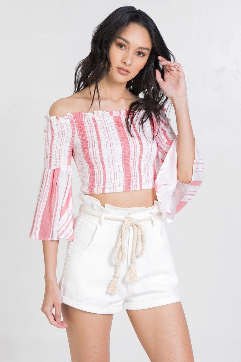 THE HALEY  Striped Off-the-shoulder Gauze Crop Top