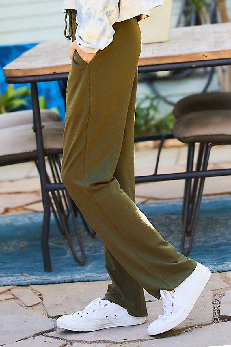 THE CLOSER Waist Elastic Band Adjustable Waist Strap Side Pocket Straight French Terry Solid Pants