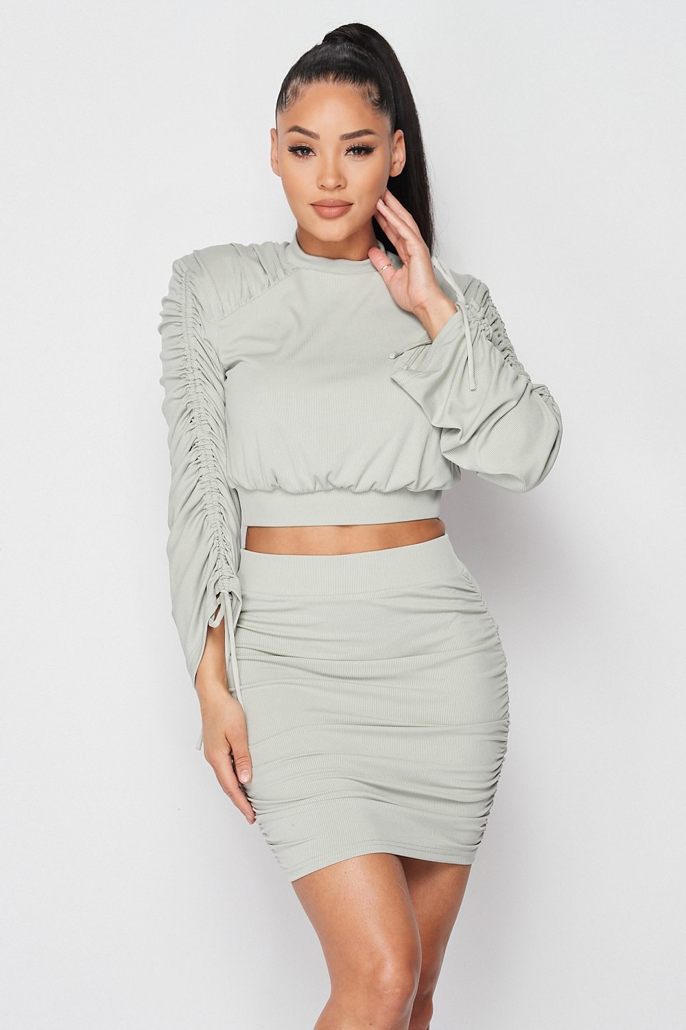THE CLARA Ruched Long Sleeve And Skirt Set