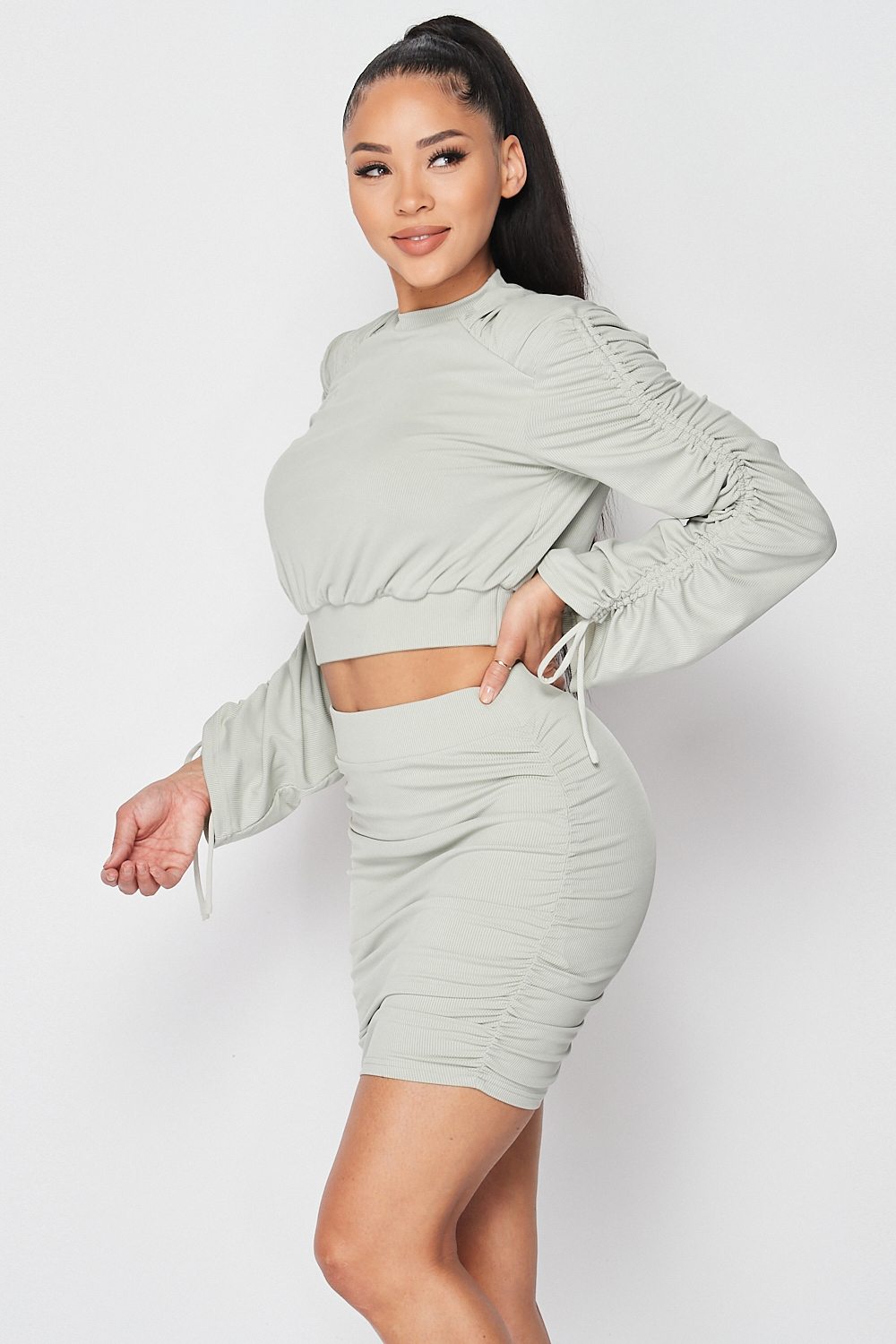 THE CLARA Ruched Long Sleeve And Skirt Set