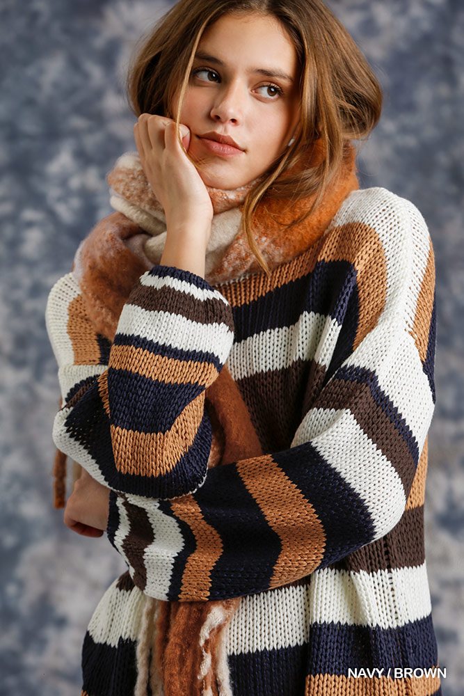 THE YARA Multicolored Stripe Round Neck Long Sleeve Knit Sweater