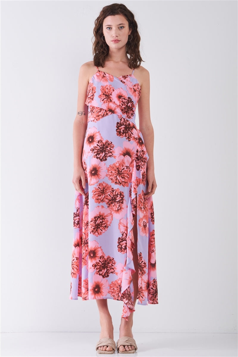 THE ERIN Floral Print Sleeveless Self-tie Wide Wrap Front Ruffle Hem Side Slit Detail Midi Dress
