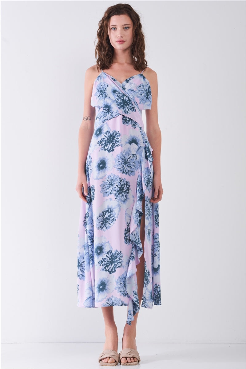THE ERIN Floral Print Sleeveless Self-tie Wide Wrap Front Ruffle Hem Side Slit Detail Midi Dress