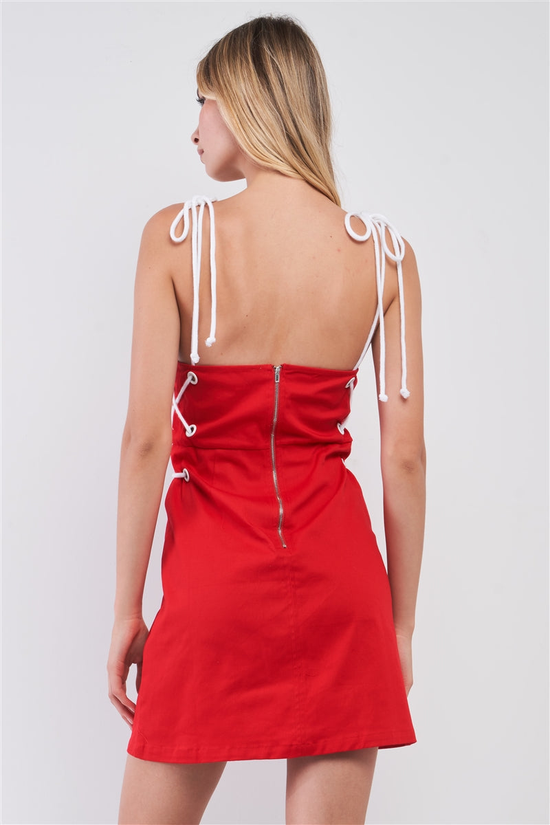 THE YACHT LIFE Lace-up Straps Sleeveless Square Neck Fitted Mini Dress