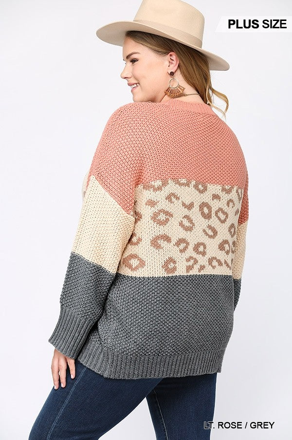 THE MIKA Color Block And Leopard Pattern Mixed Pullover Sweater