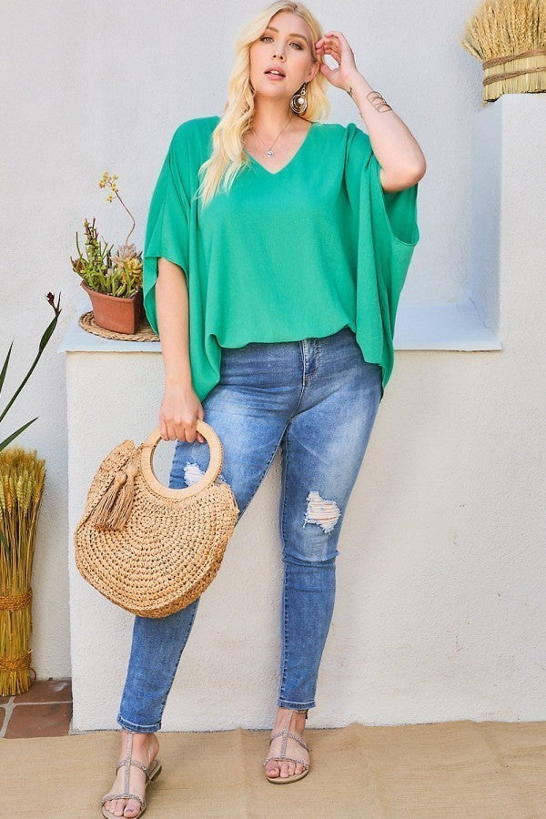THE GRACIE V Neck Dolman Sleeves Front Waist Elastic Solid Top