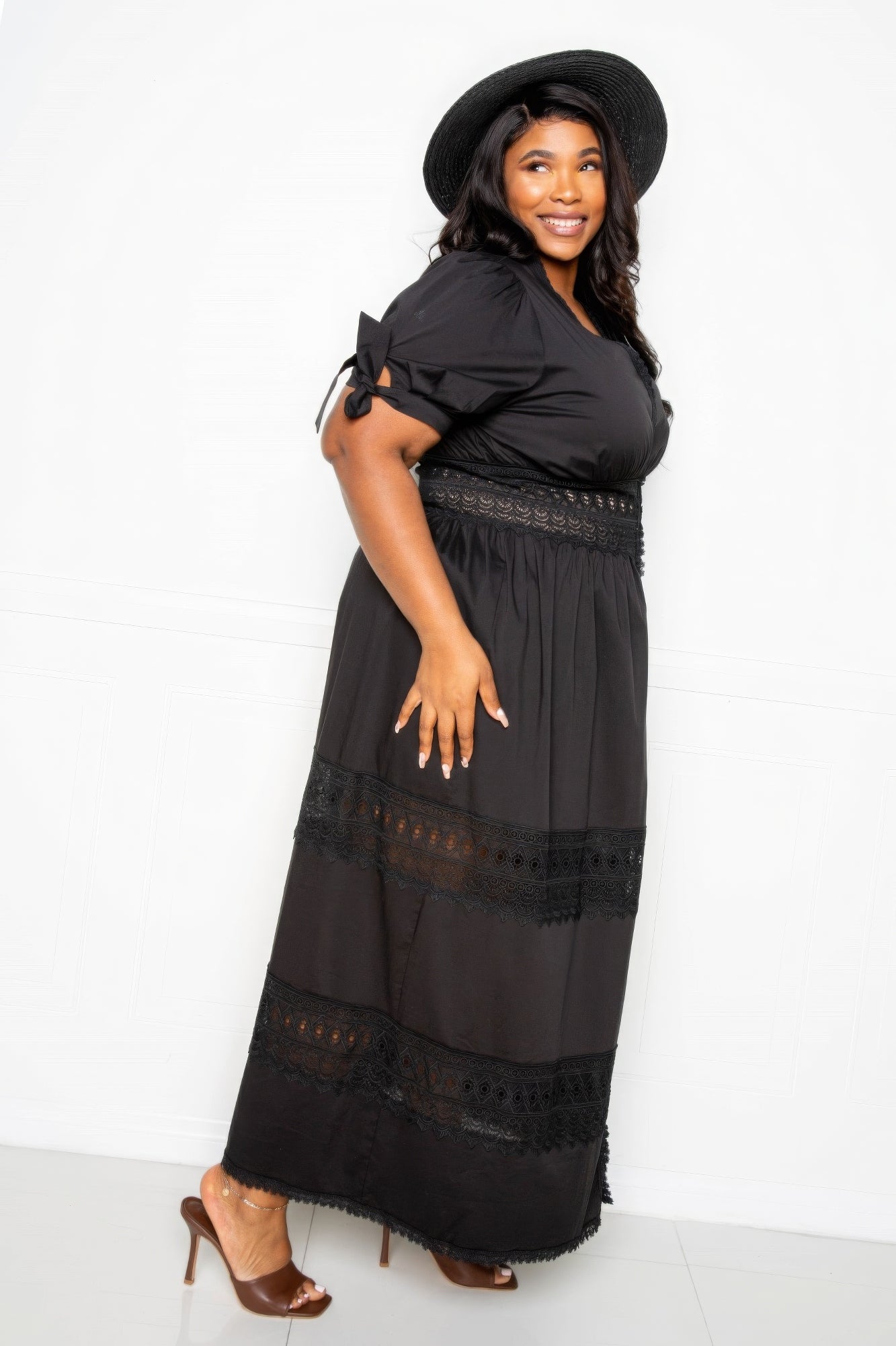 THE NADIA Puff Sleeve Maxi Dress With Lace Insert