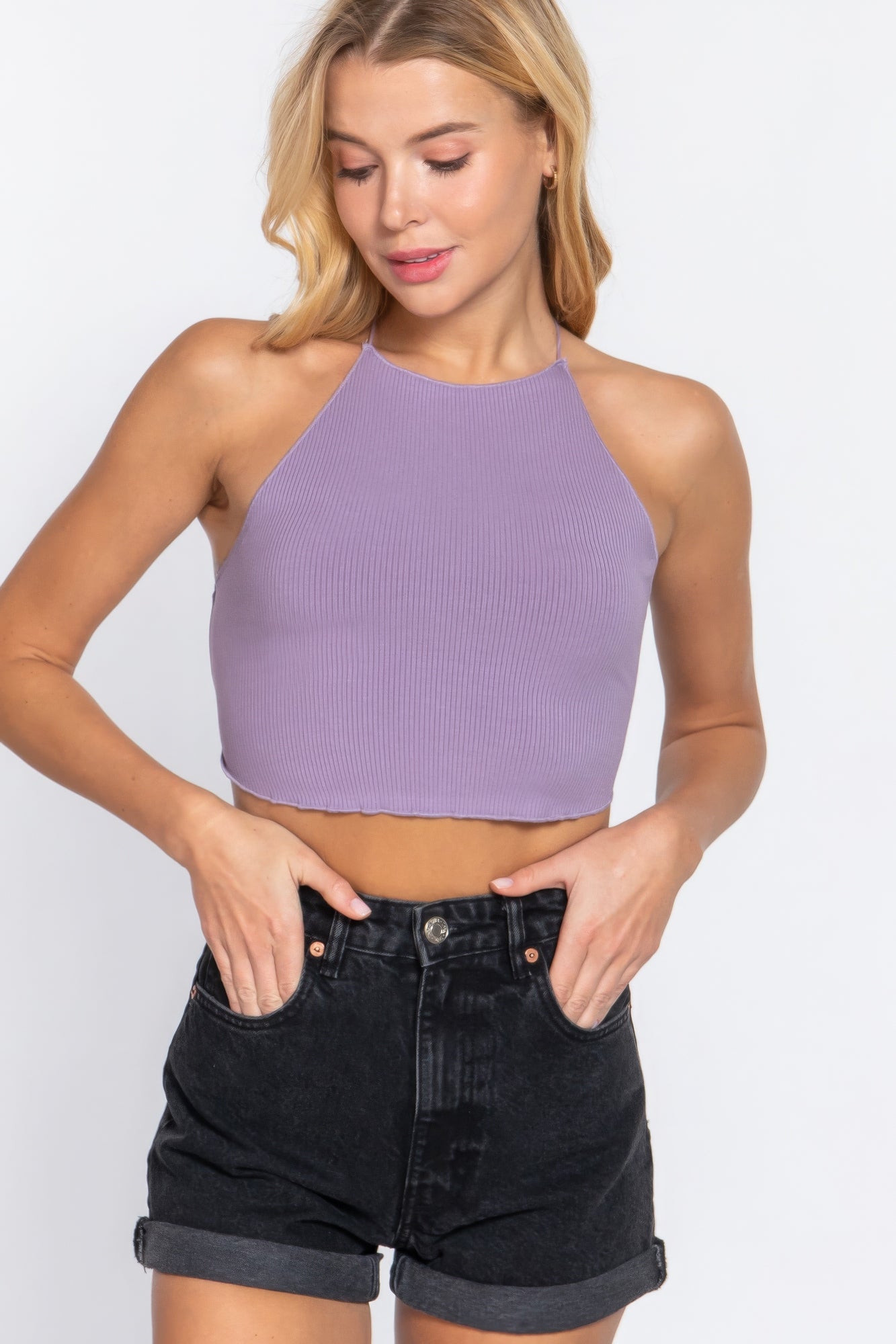 THE LALA Lace Up Open Cross Back Crop Cami