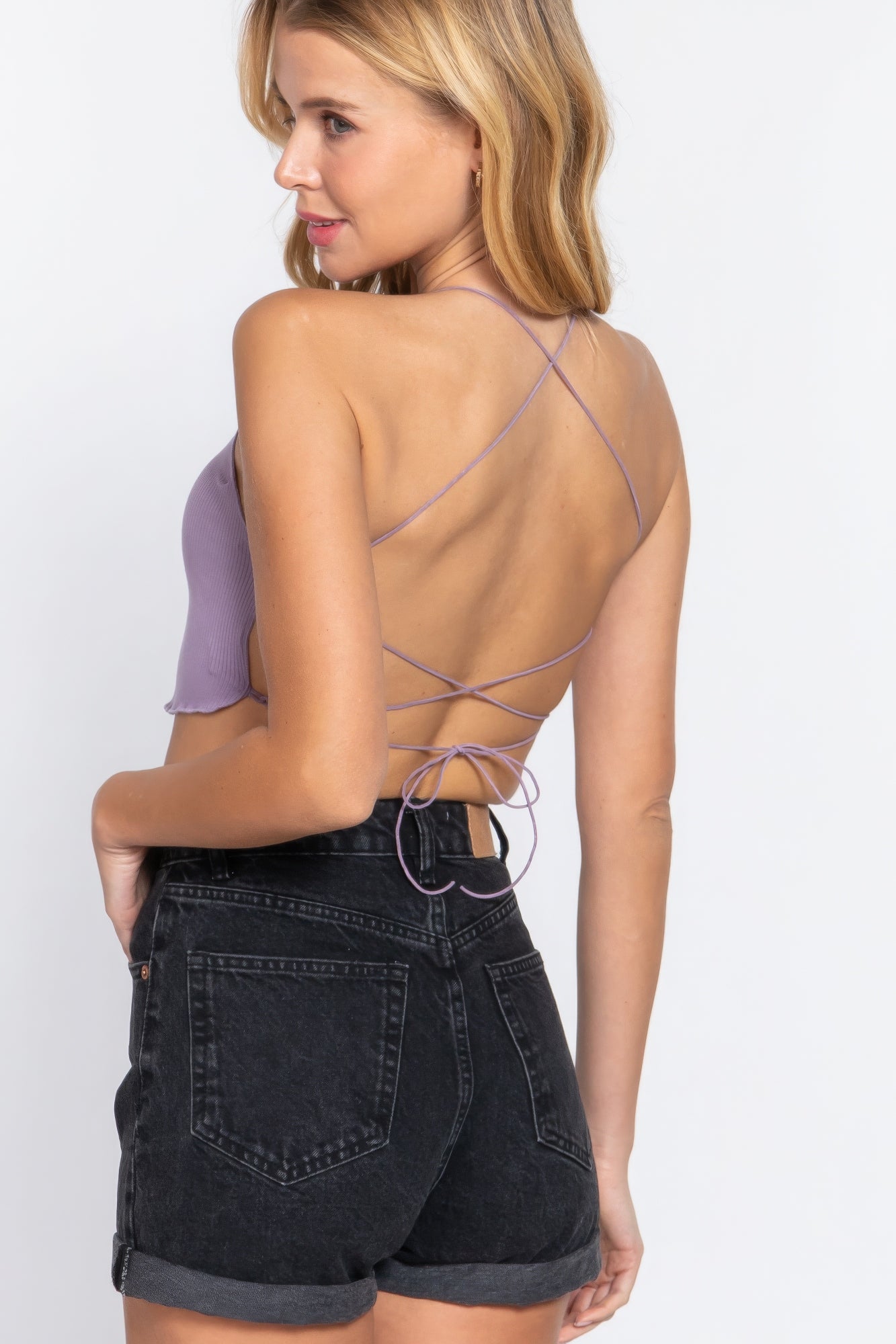 THE LALA Lace Up Open Cross Back Crop Cami