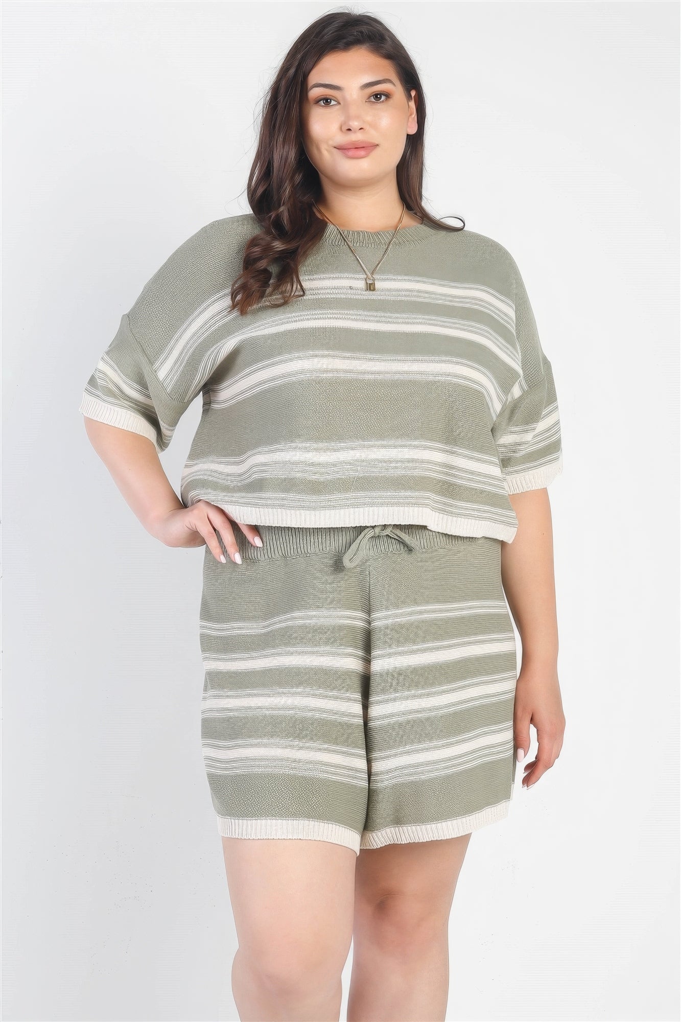 THE MARISSA Plus Olive Striped Knit Short Sleeve Crop Top High Waist Shorts Set