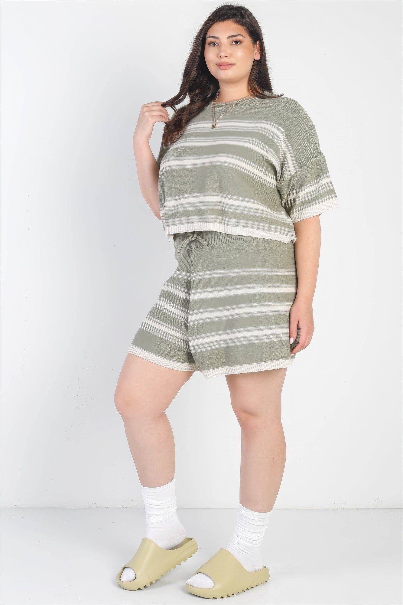 THE MARISSA Plus Olive Striped Knit Short Sleeve Crop Top High Waist Shorts Set