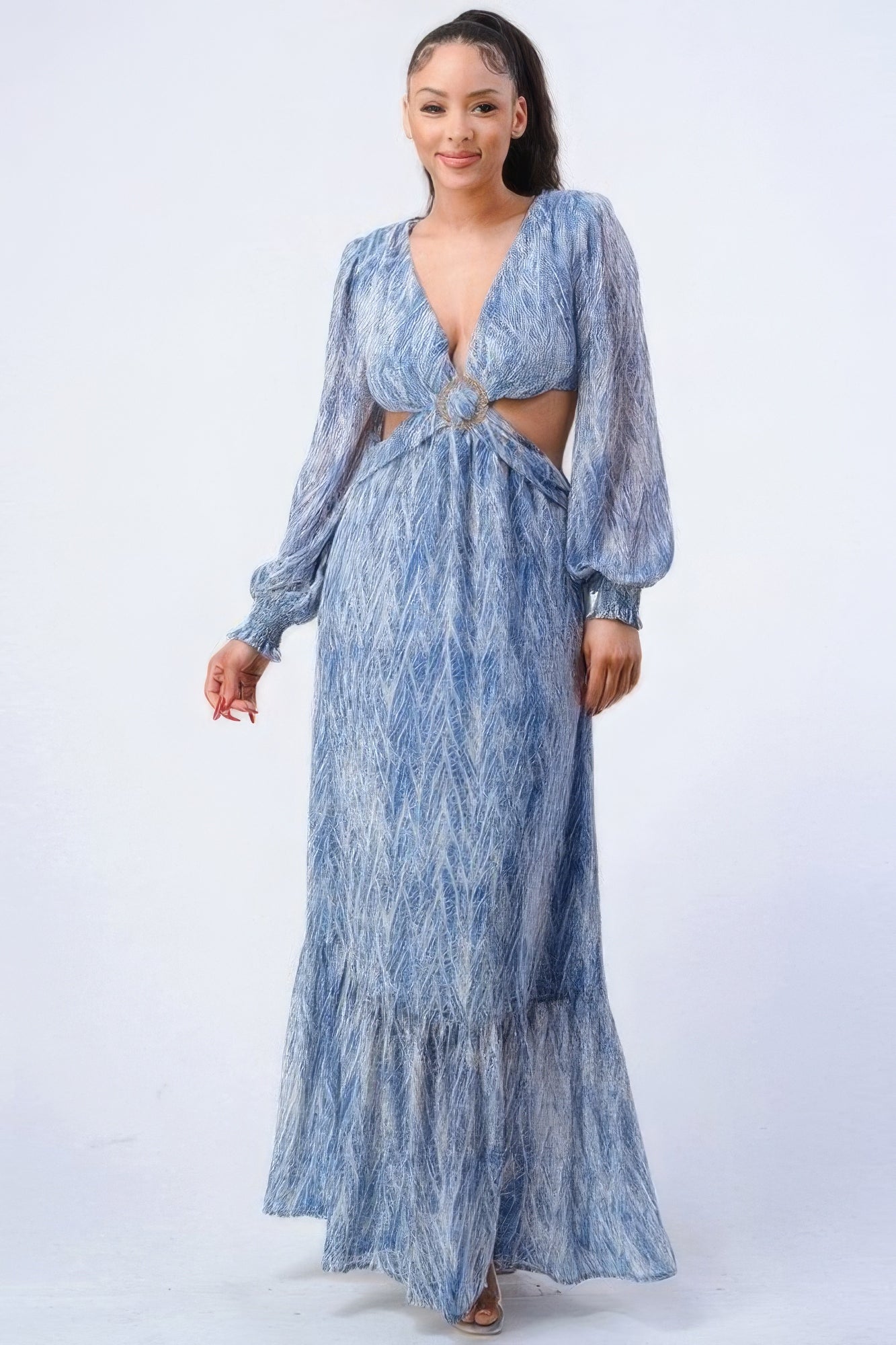 THE ELLIE Printed V Neck Self Belted Side Cut Out Ruffled Maxi Dress