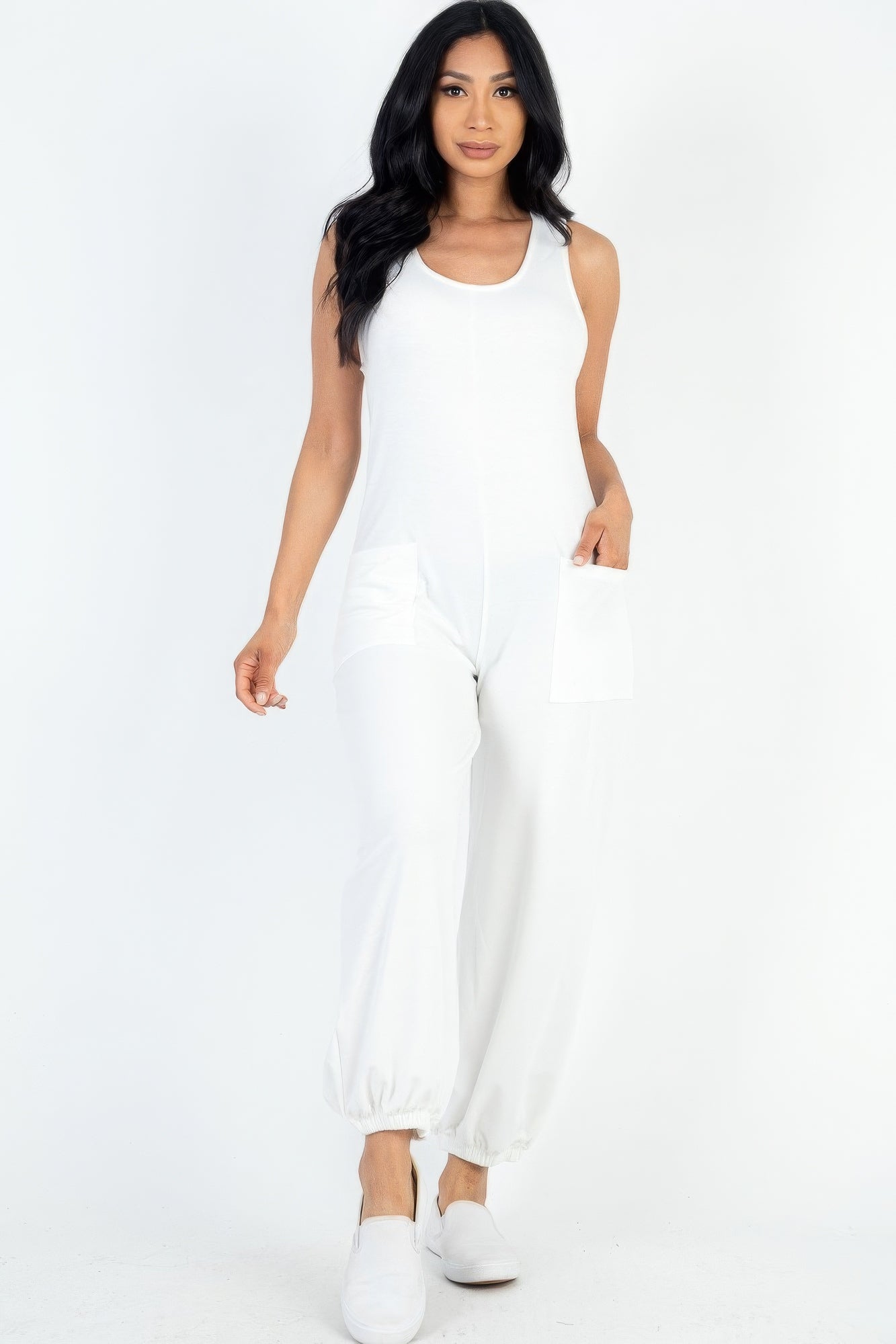 THE ST. BARTH Casual Solid French Terry Sleeveless Scoop Neck Front Pocket Jumpsuit