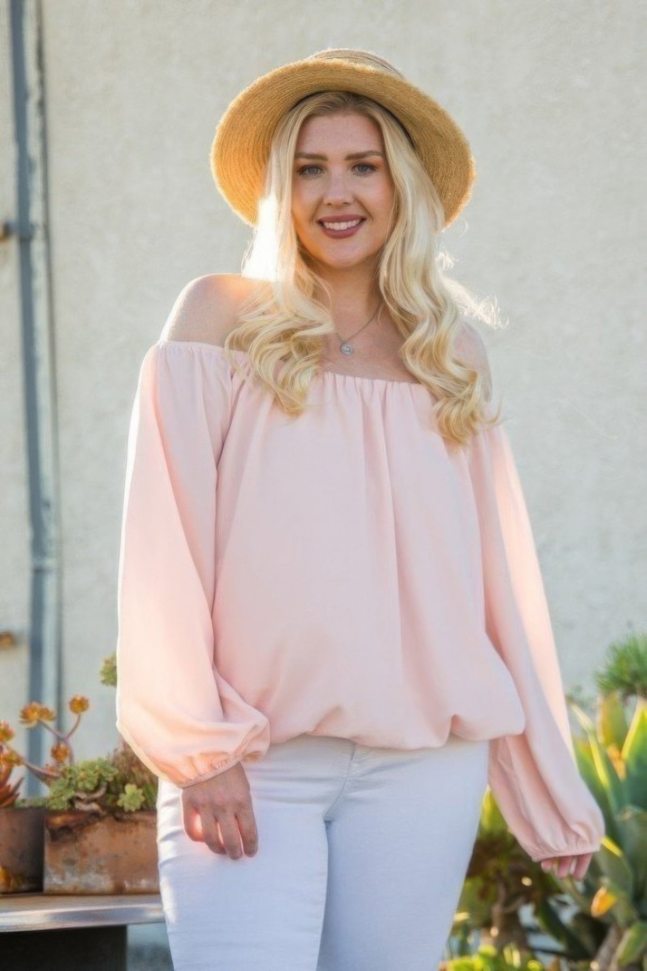 THE ARMANY Off Shoulder Long Bubble Sleeve Solid Top