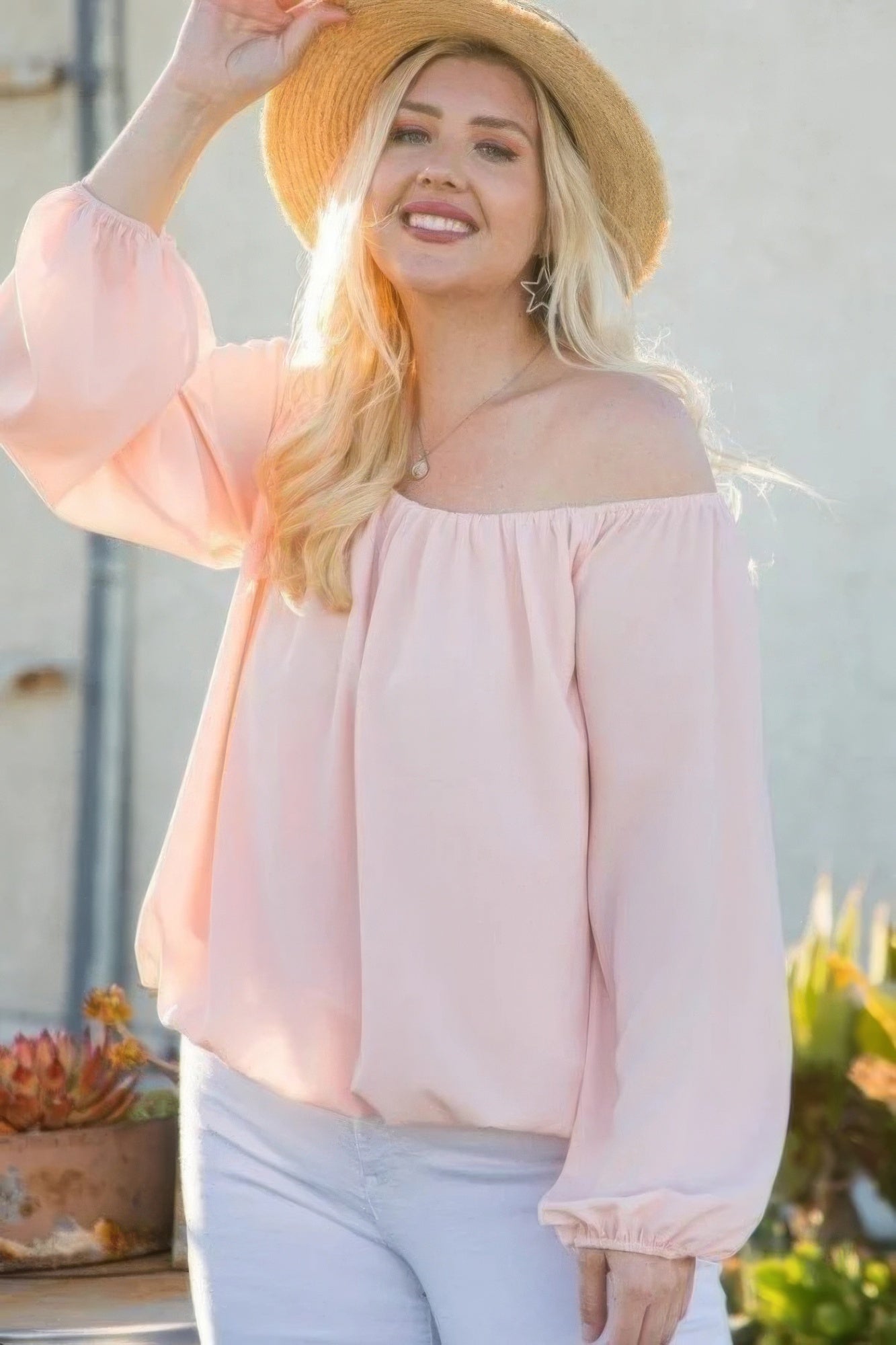 THE ARMANY Off Shoulder Long Bubble Sleeve Solid Top