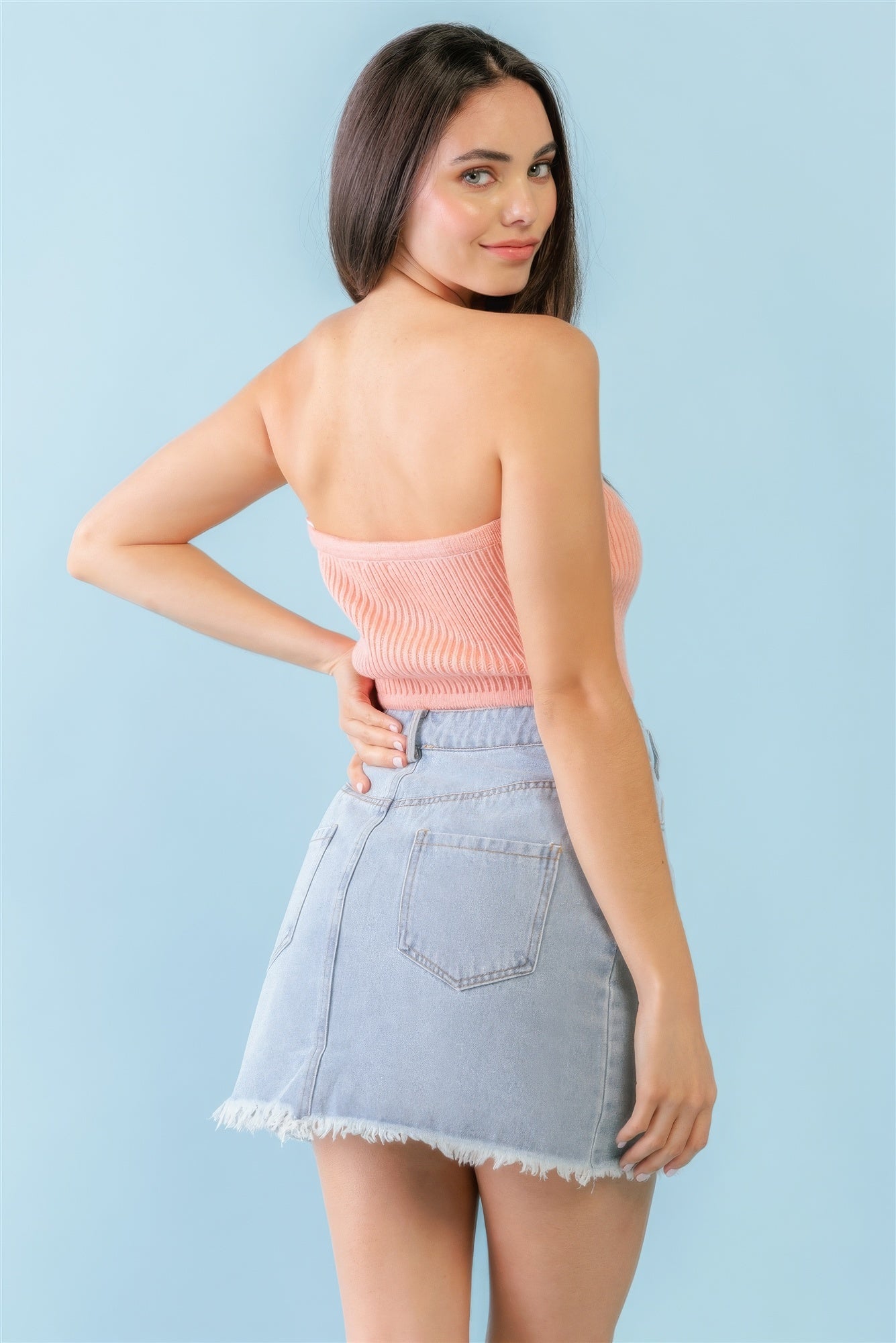 THE DAILY Dusty Peach Knit Strapless Crop Top