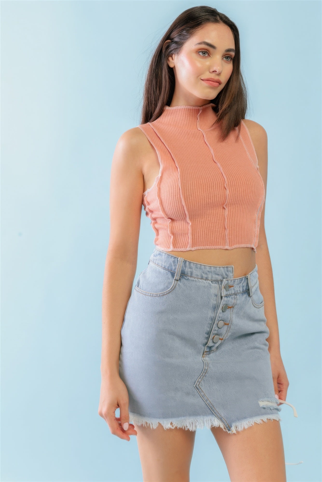 THE SATURDAY MOOD Dark Peach Ribbed Inside-out Sleeveless Mock Neck Crop Top