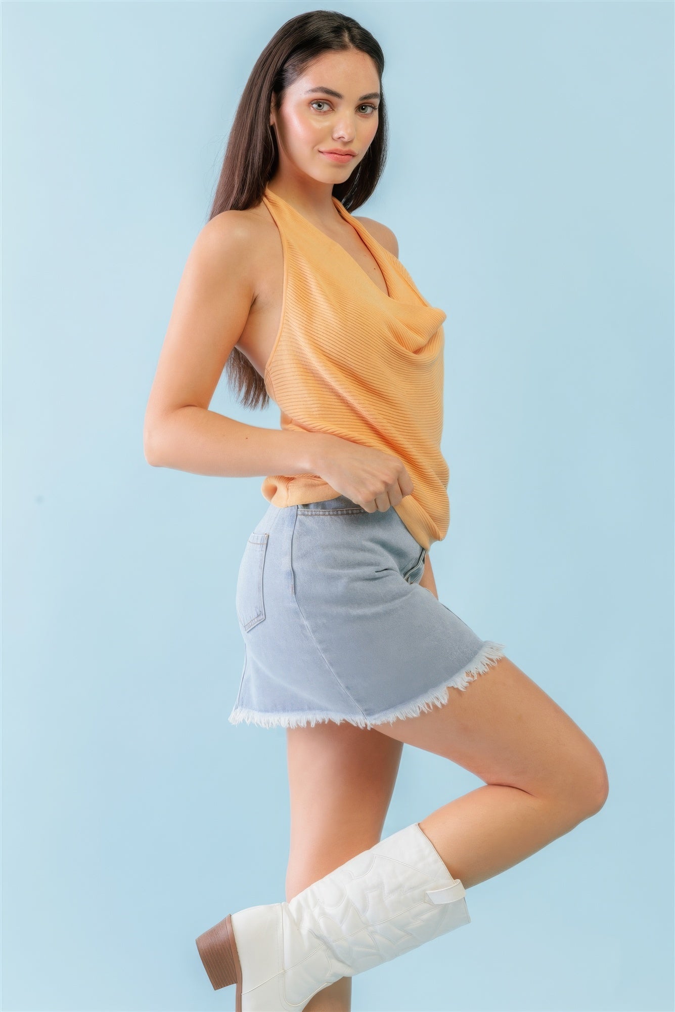 THE ISLA Apricot Ribbed Cowl Neck Sleeveless Top