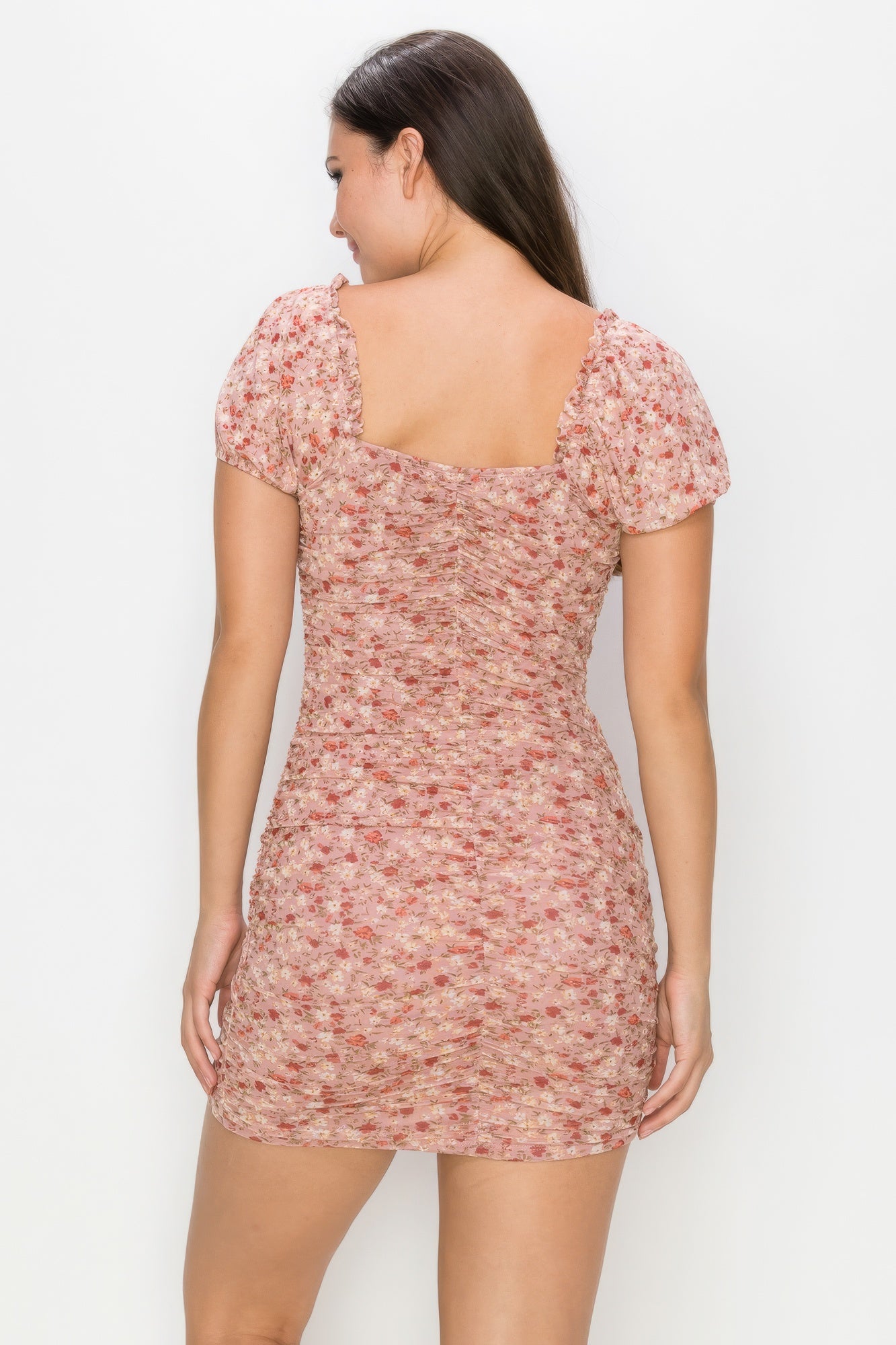 THE LILLI Ruched Floral Ruffled Bodycon Dress