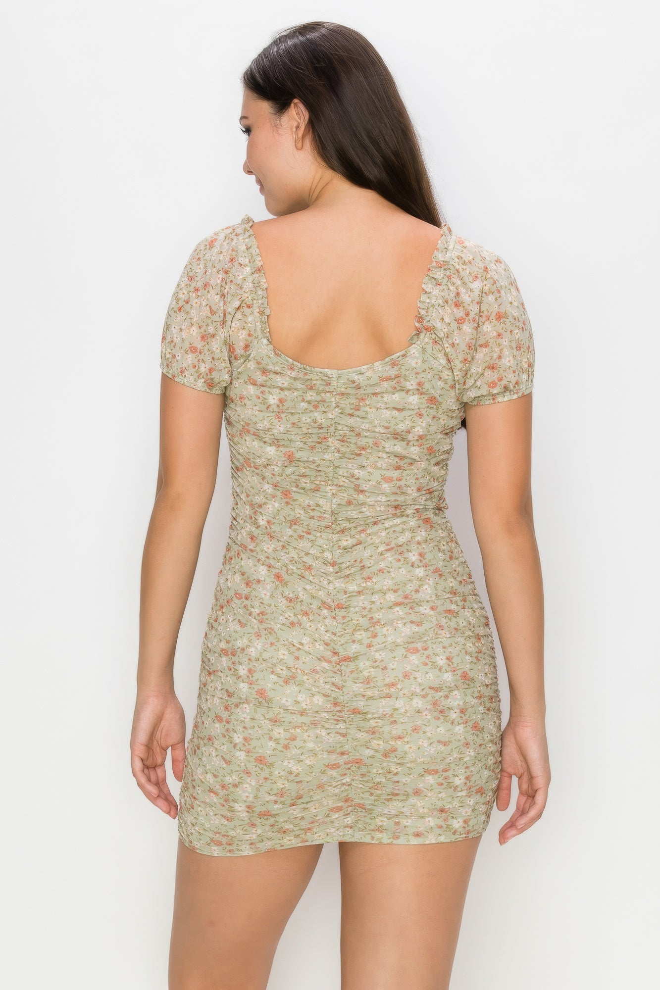 THE LILLI Ruched Floral Ruffled Bodycon Dress
