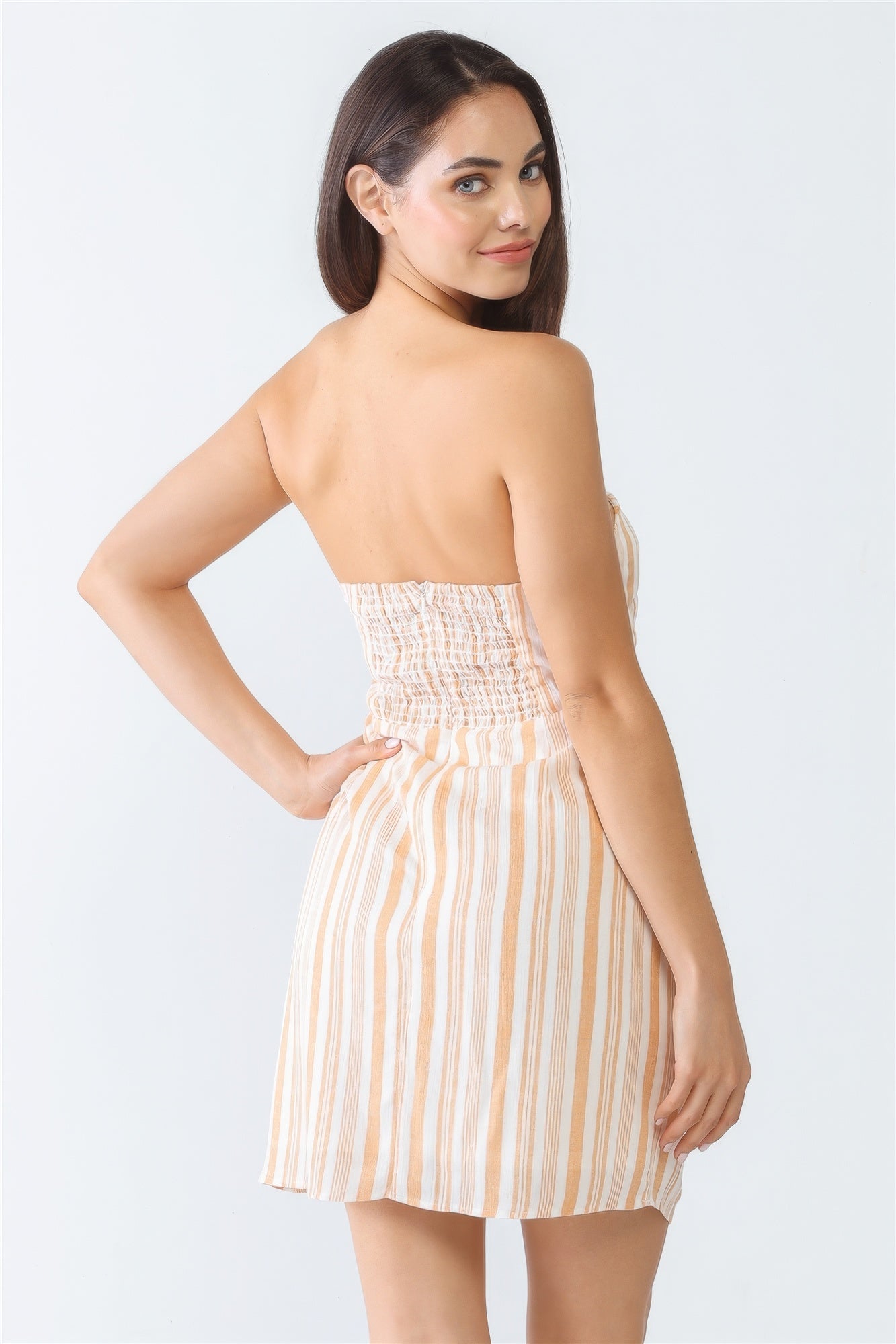 THE TRINA White & Apricot Stripe Print Strapless Twist Cut-out Smocked Back Mini Dress