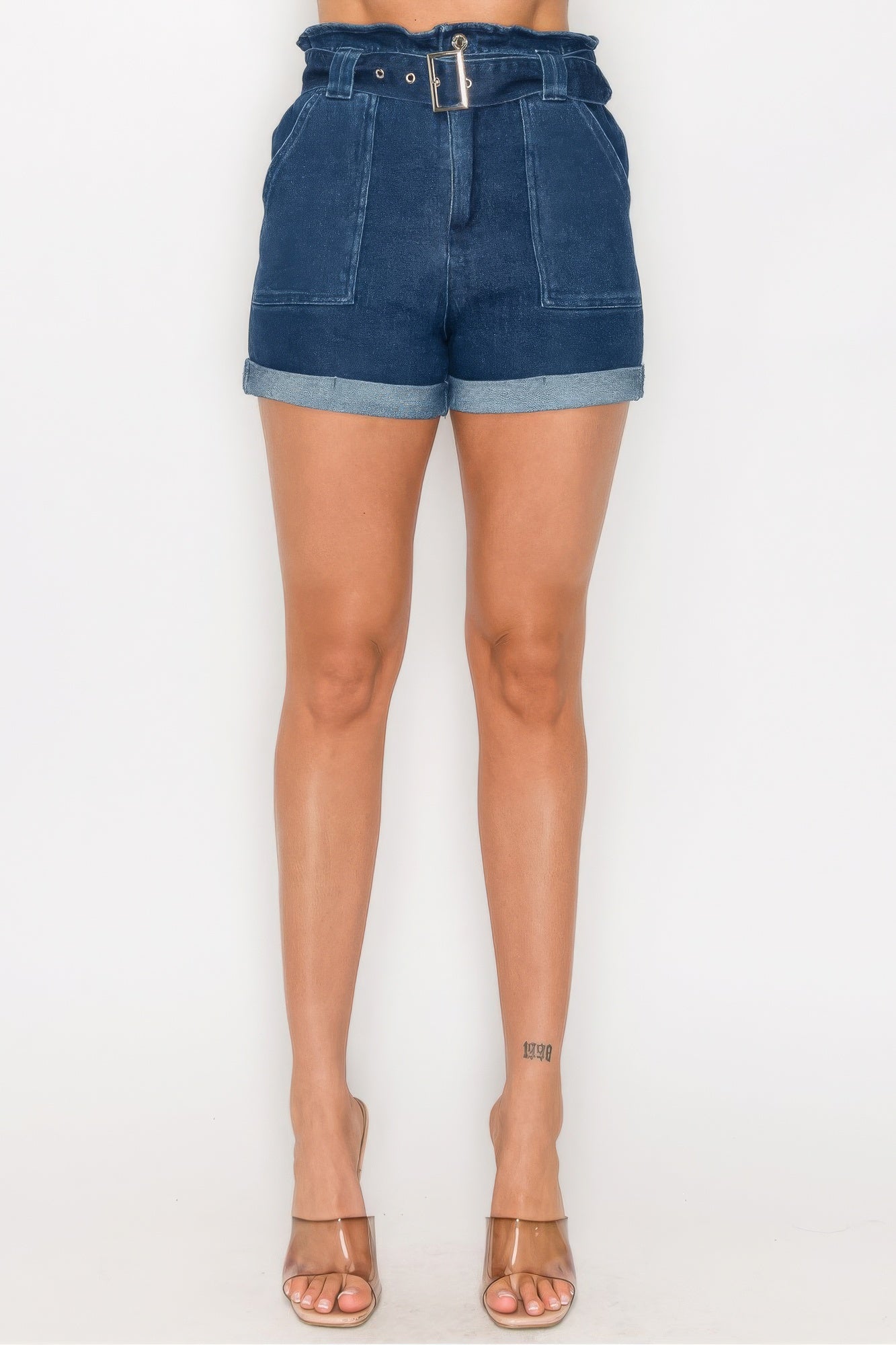 THE RIZA Belted Paperbag Denim Shorts