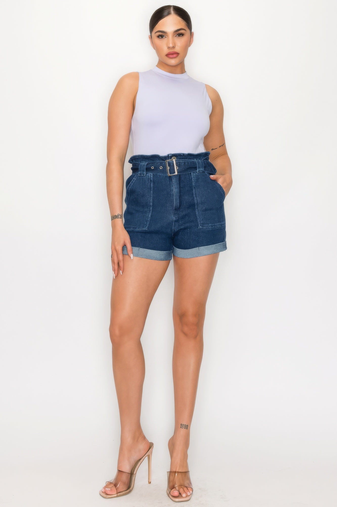 THE RIZA Belted Paperbag Denim Shorts