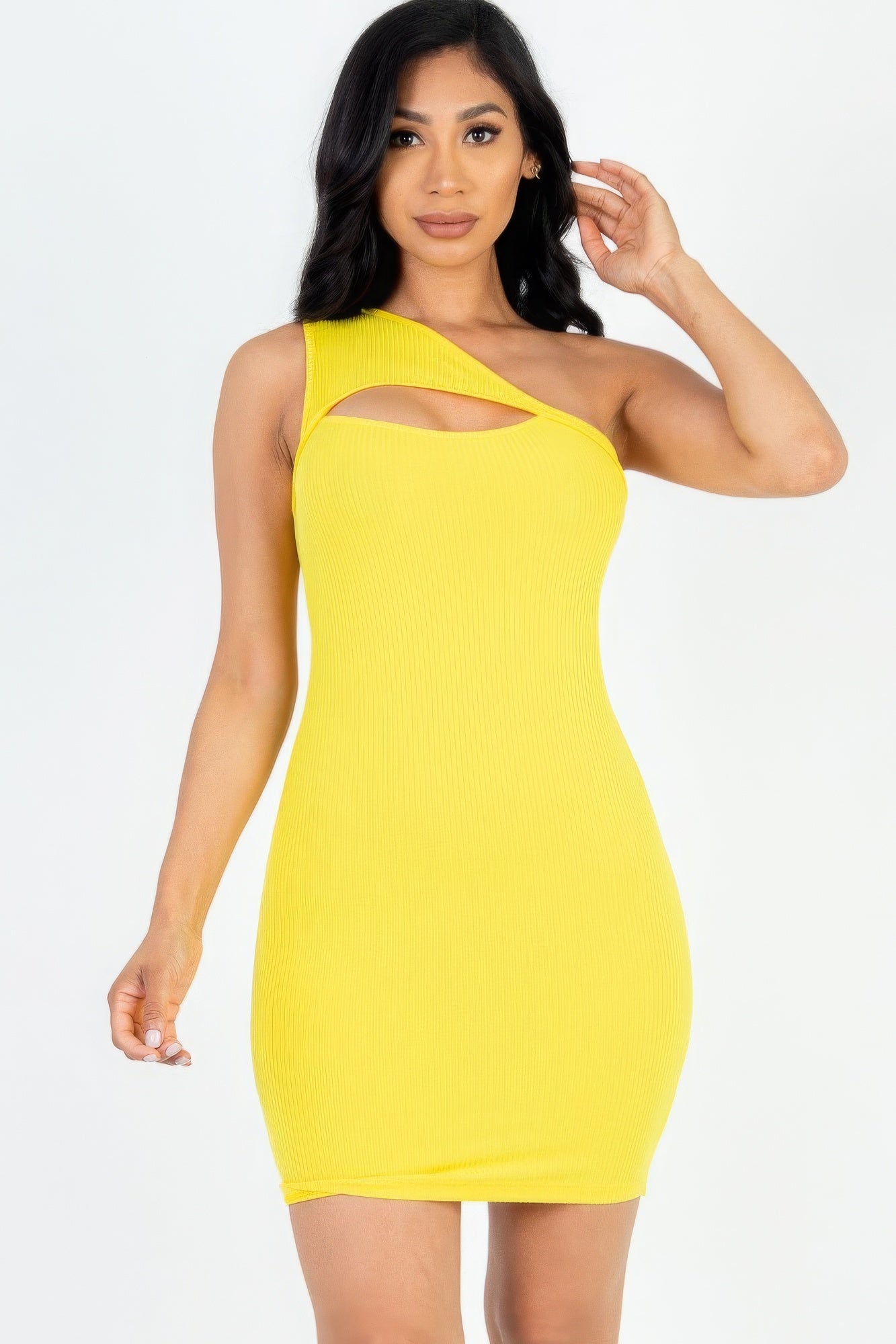 THE ZAYLEE Ribbed One Shoulder Cutout Front Mini Bodycon Dress