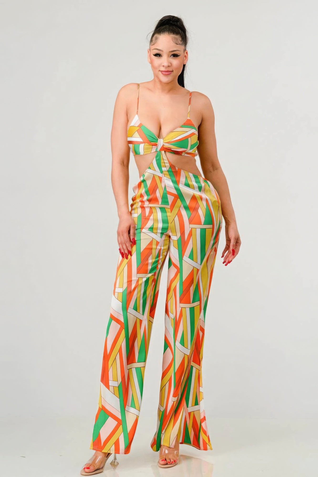 THE KIMBLE Luxe geo print satin bra top and palazzo jumpsuit