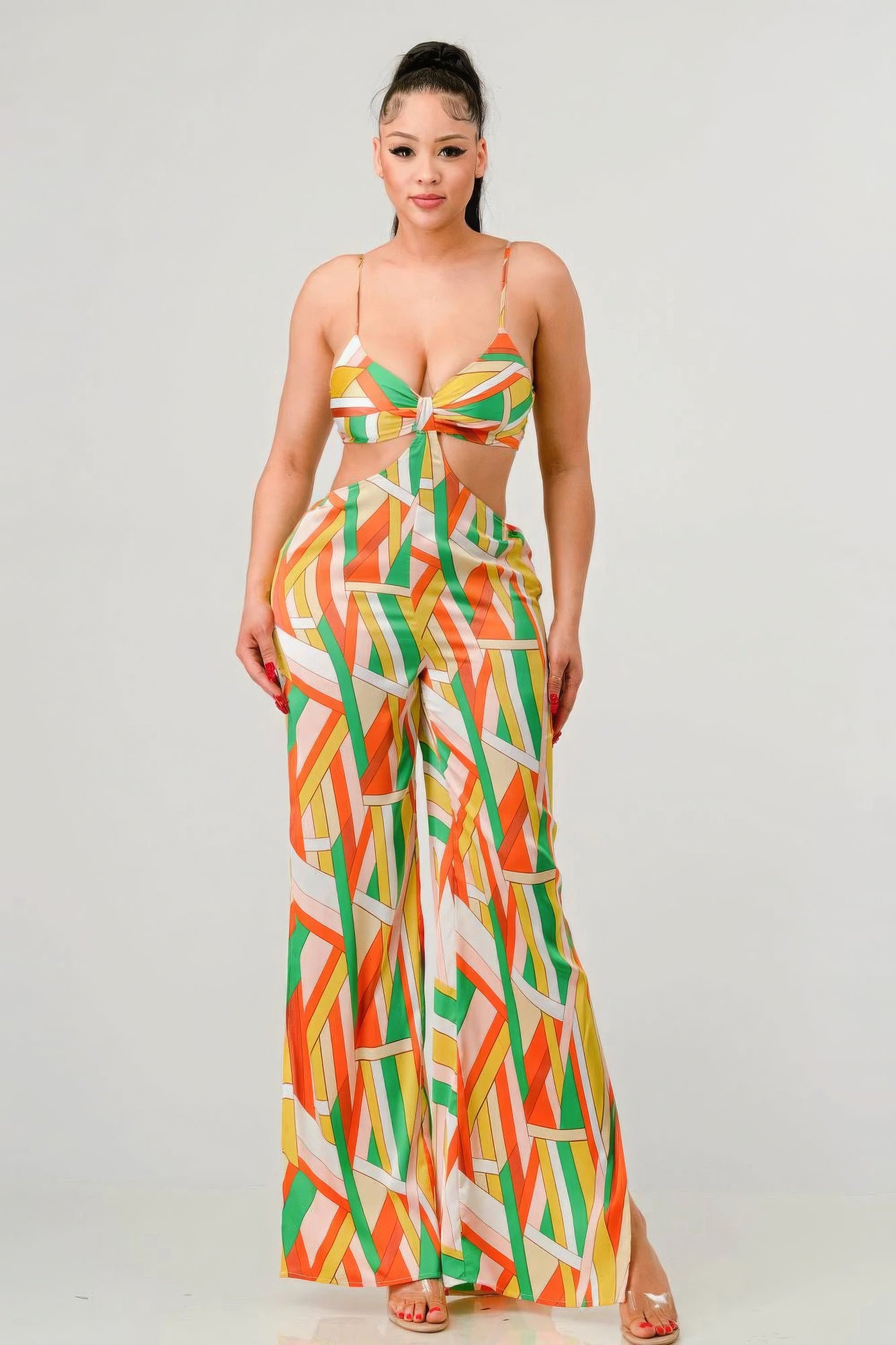 THE KIMBLE Luxe geo print satin bra top and palazzo jumpsuit