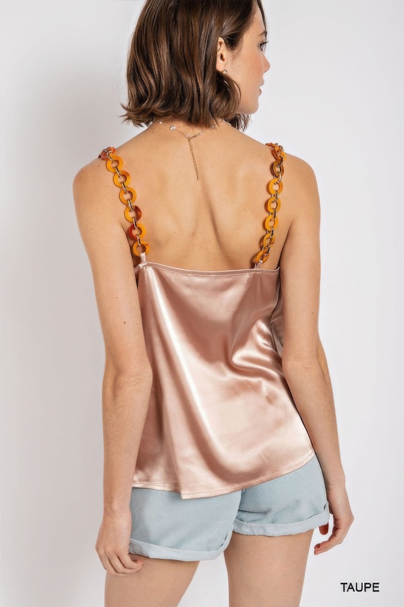 THE ELYSE Cowl neck satin camisole with chain strap