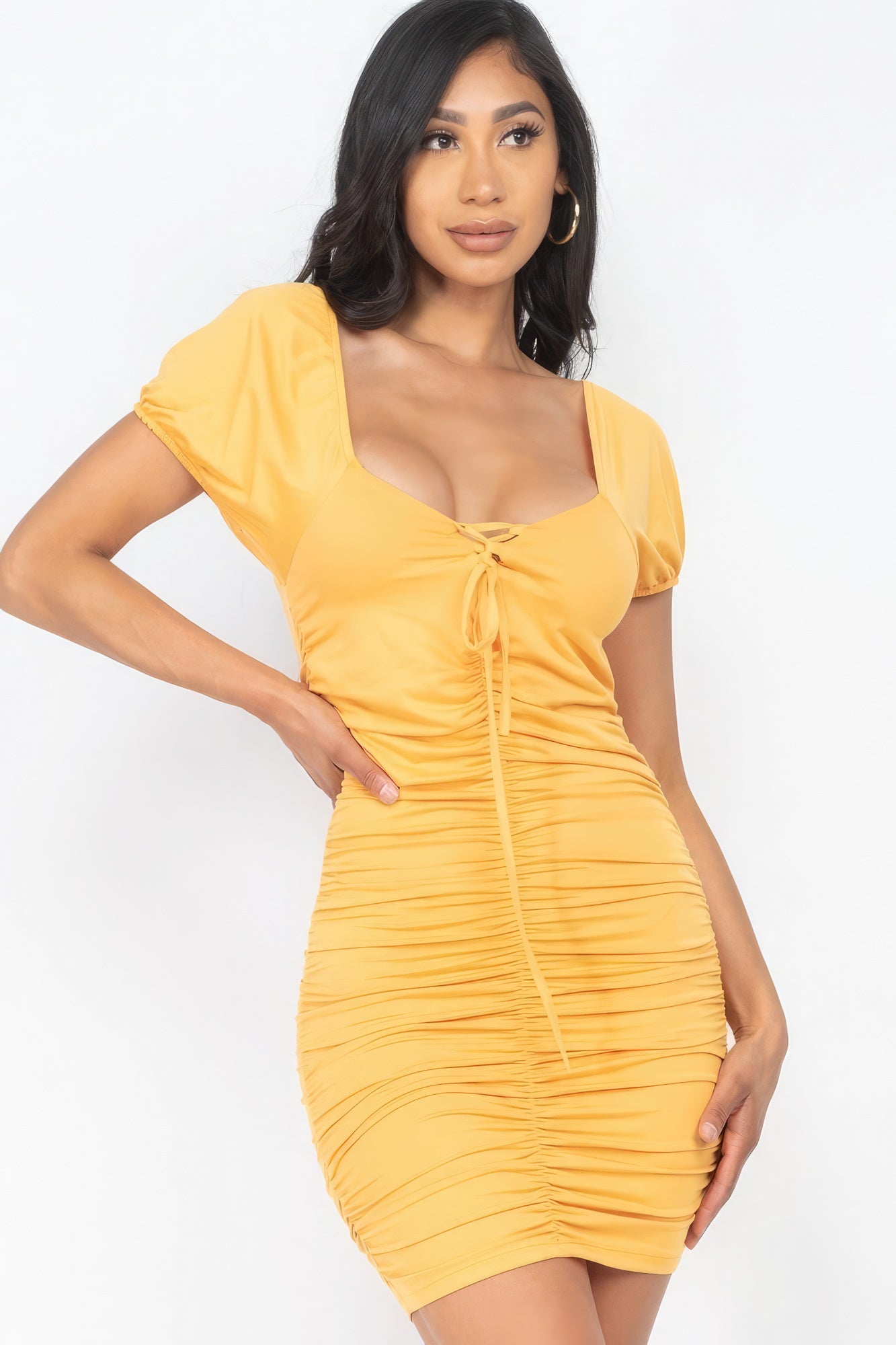 THE LANEY Front Lace Up Ruched Mini Dress