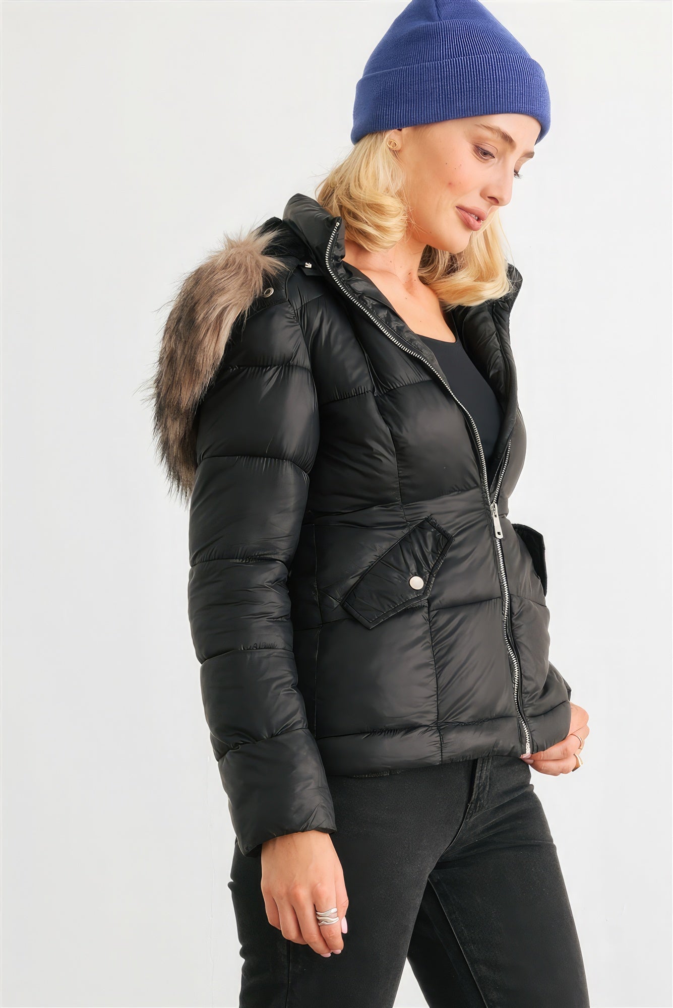 THE LUCIA Long Sleeve Faux Fur Hood Padded Water Resistant Finish Jacket