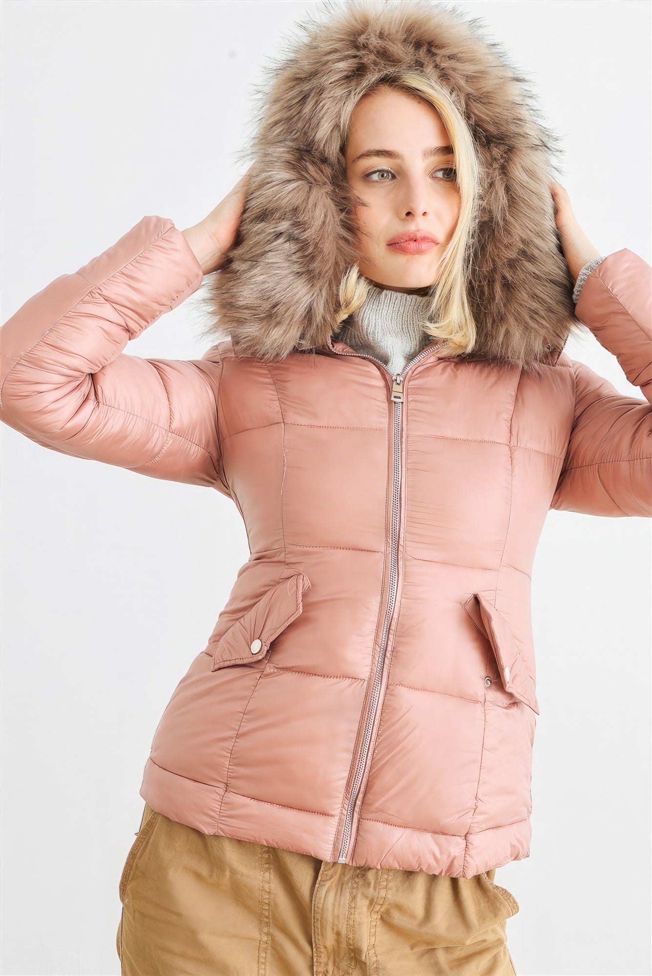 THE LUCIA Long Sleeve Faux Fur Hood Padded Water Resistant Finish Jacket