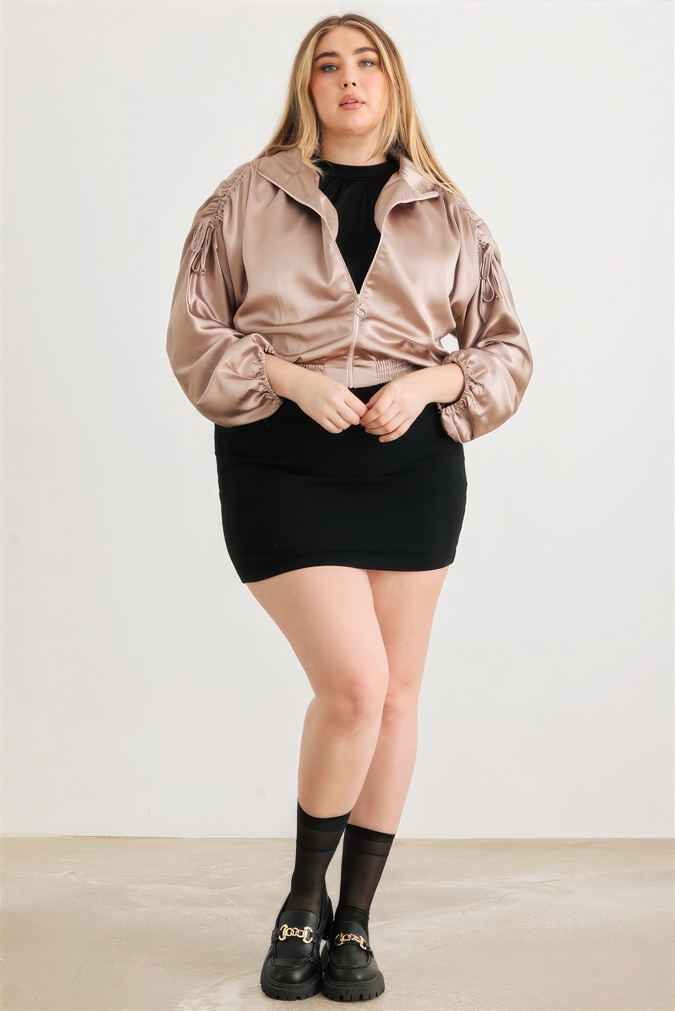 THE ESTELLE Plus Satin Zip-up Ruched Long Sleeve Cropped Bomber Jacket