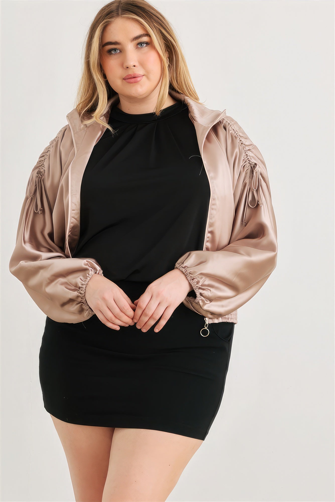 THE ESTELLE Plus Satin Zip-up Ruched Long Sleeve Cropped Bomber Jacket