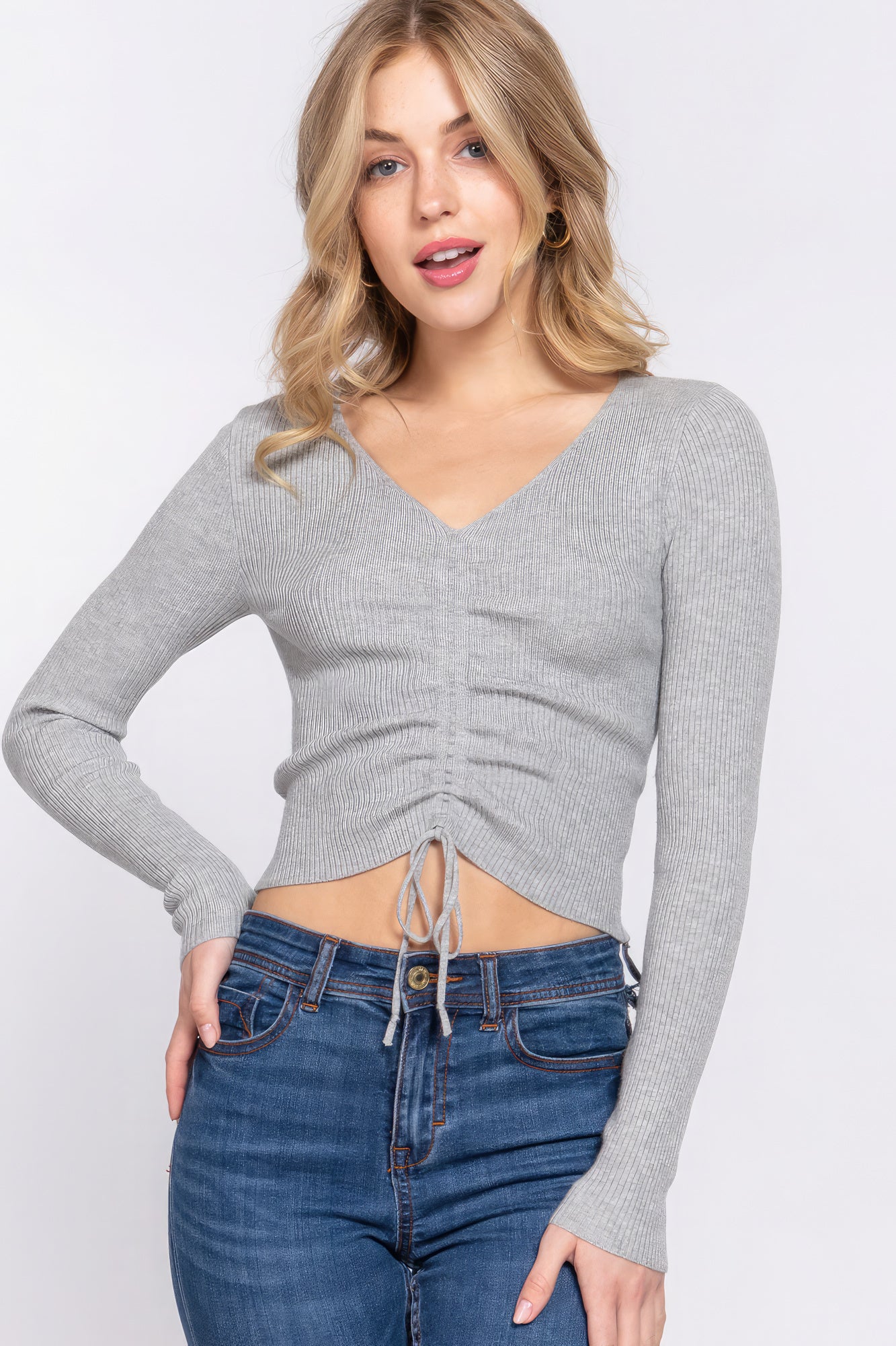 THE LULU V-neck Shirring Tie Detail Sweater