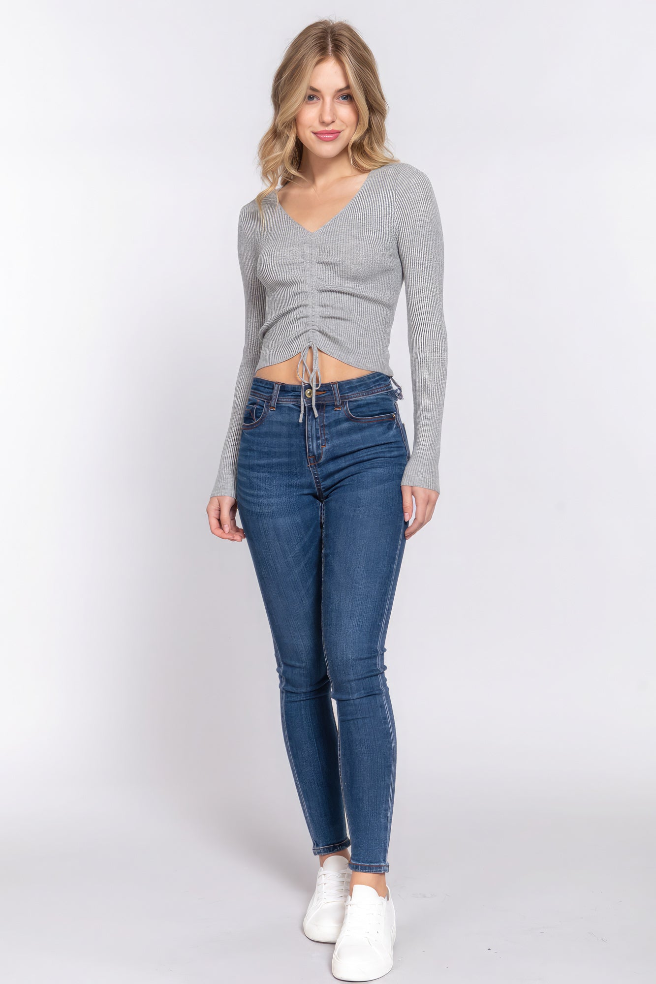 THE LULU V-neck Shirring Tie Detail Sweater
