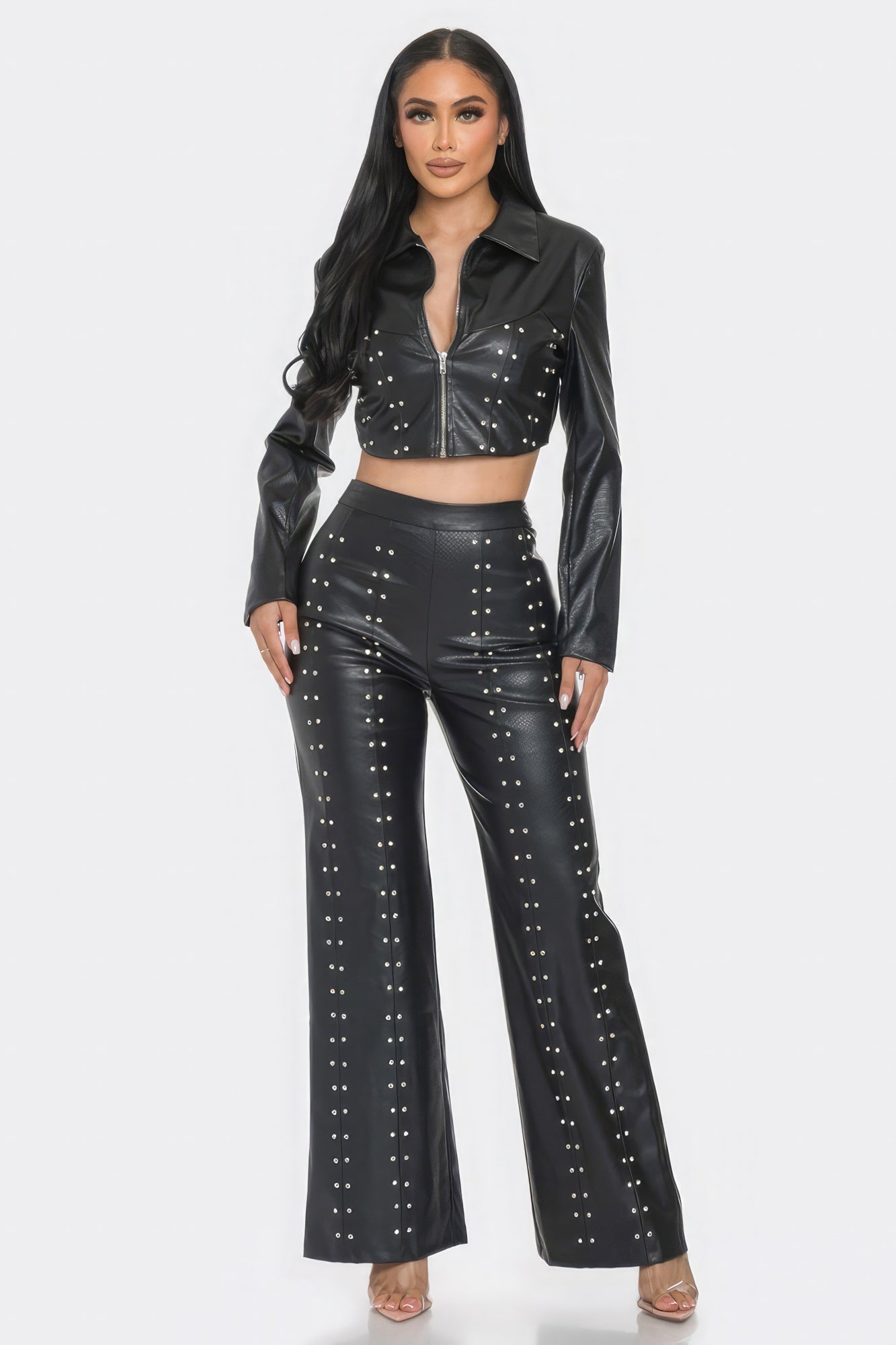 THE EVIE Faux Leather Set With Rhinestone Detail