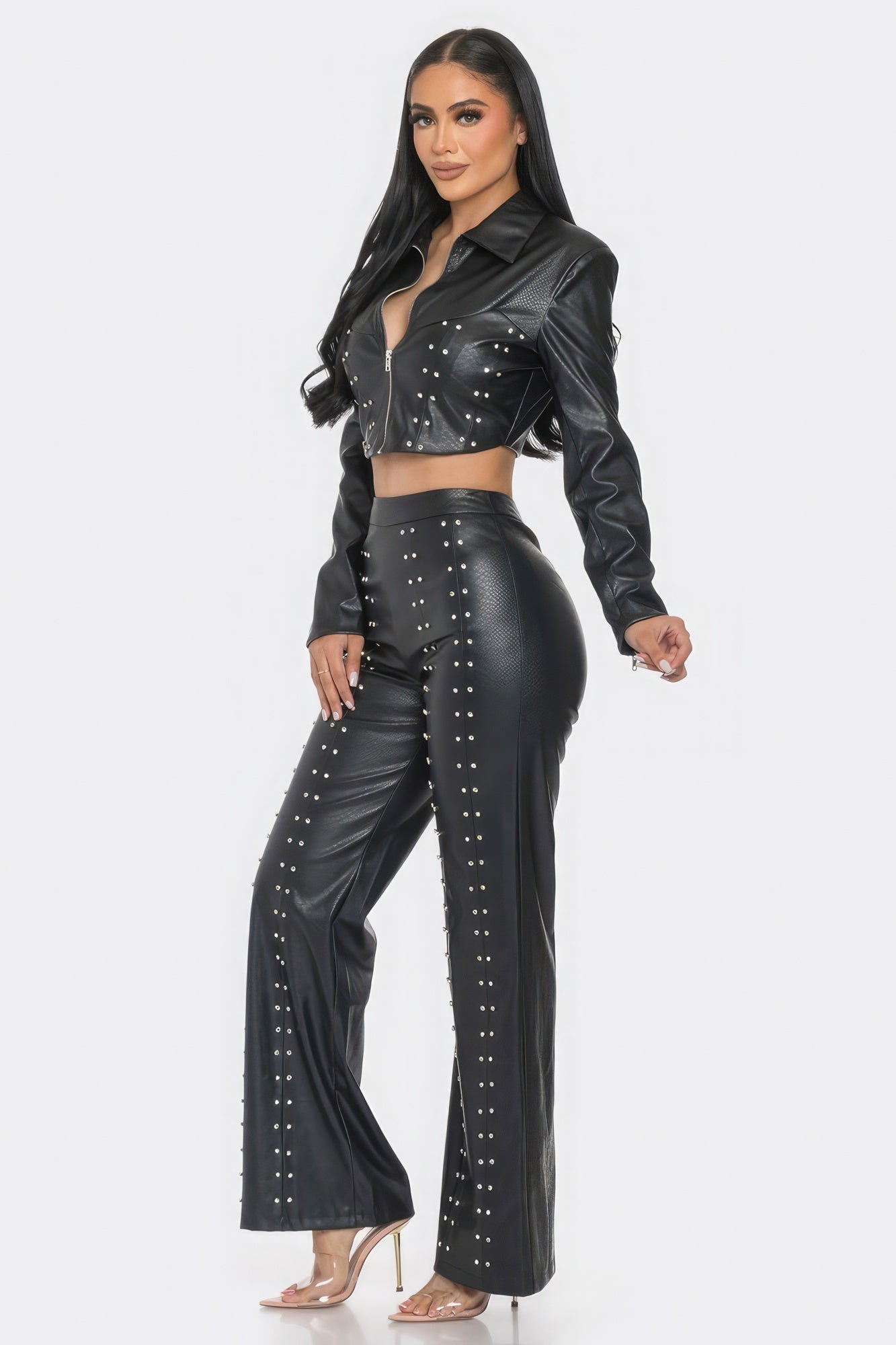 THE EVIE Faux Leather Set With Rhinestone Detail
