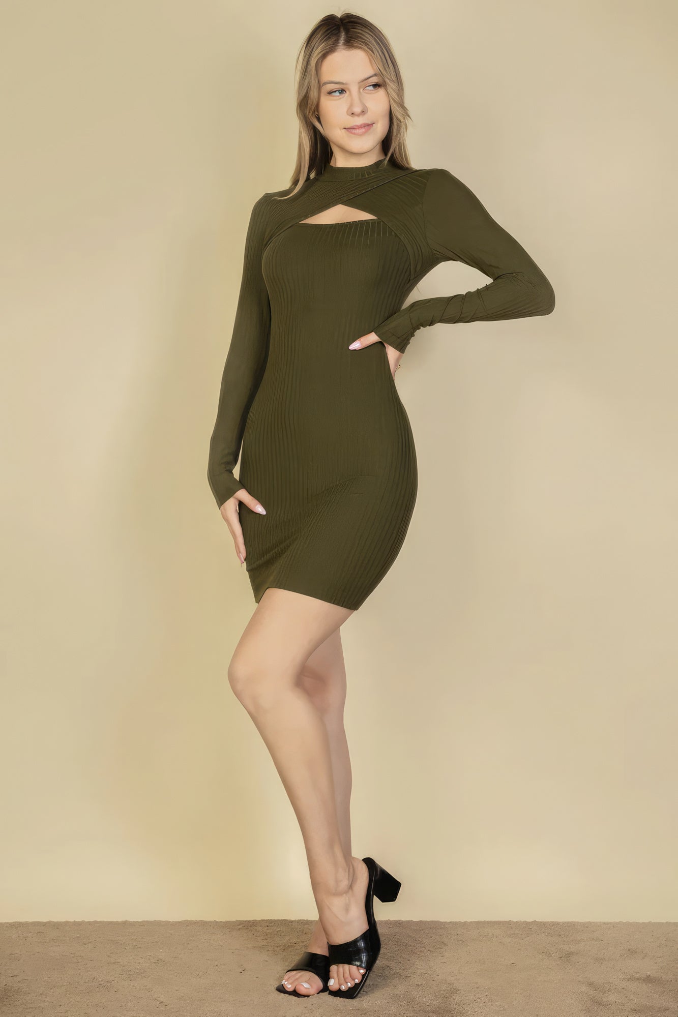 THE LINDSAY Ribbed Cut Out Front Long Sleeve Bodycon Mini Dress