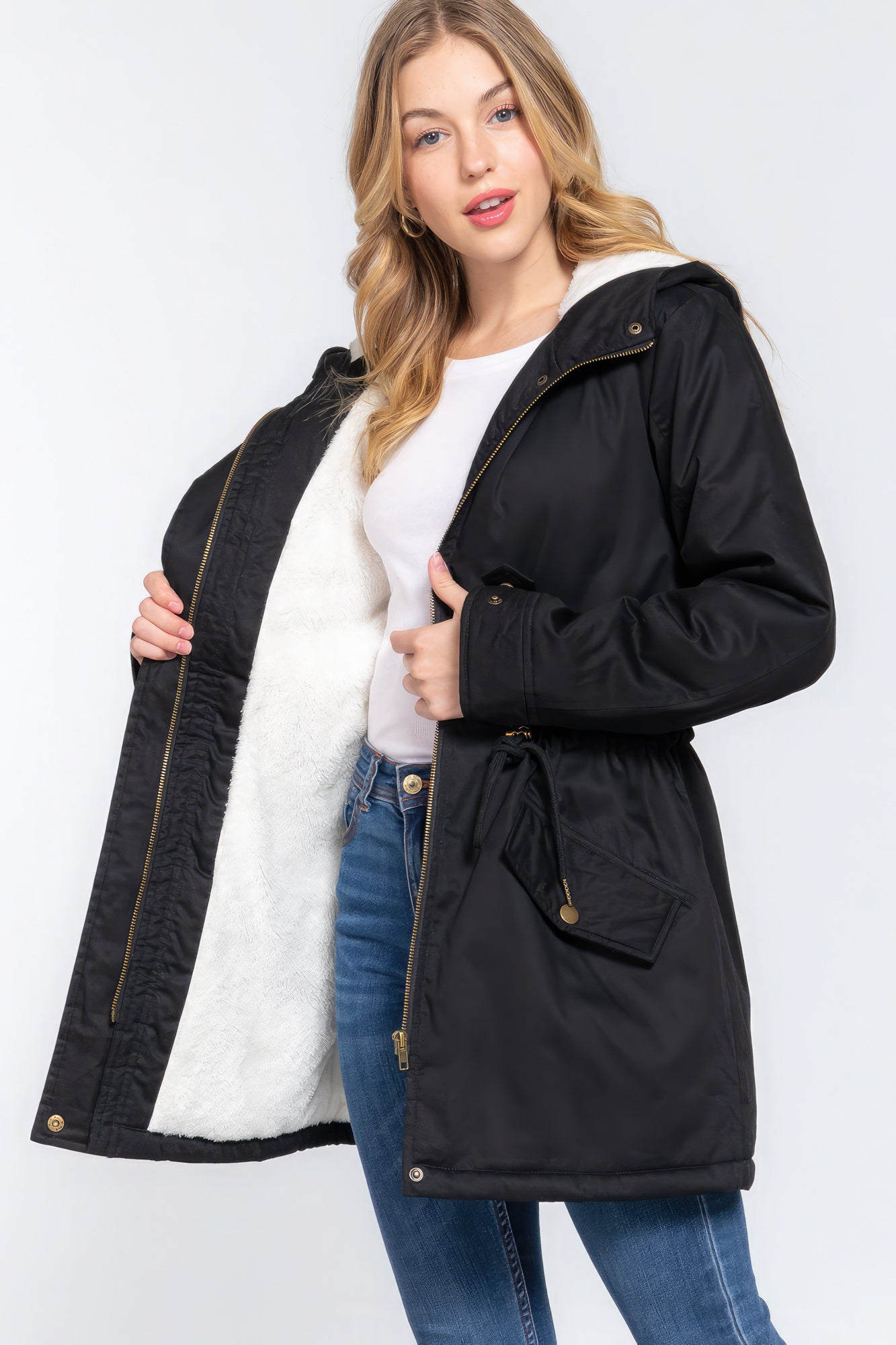 THE FARA Fleece Lined Fur Hoodie Utility Jacket