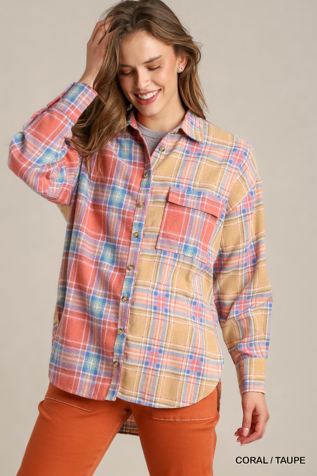THE ROXY Mixed Plaid Boxy Cut Button Down Flannel With Front Pocket