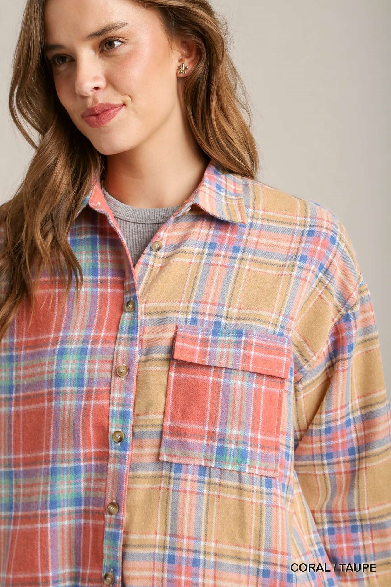 THE ROXY Mixed Plaid Boxy Cut Button Down Flannel With Front Pocket