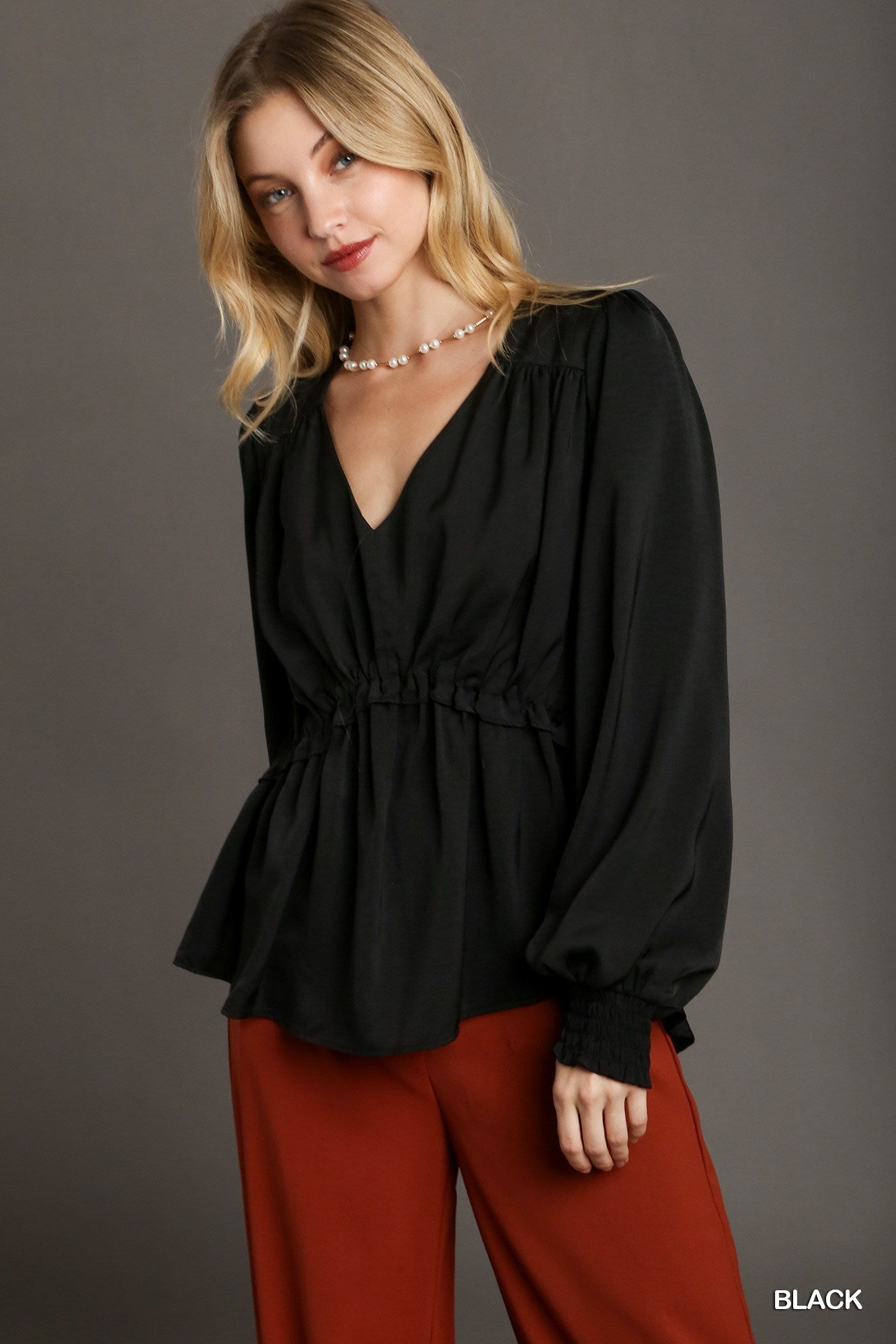 THE BELIEF Satin V-neck Ruffle Baby Doll Top With Cuffed Long Sleeve