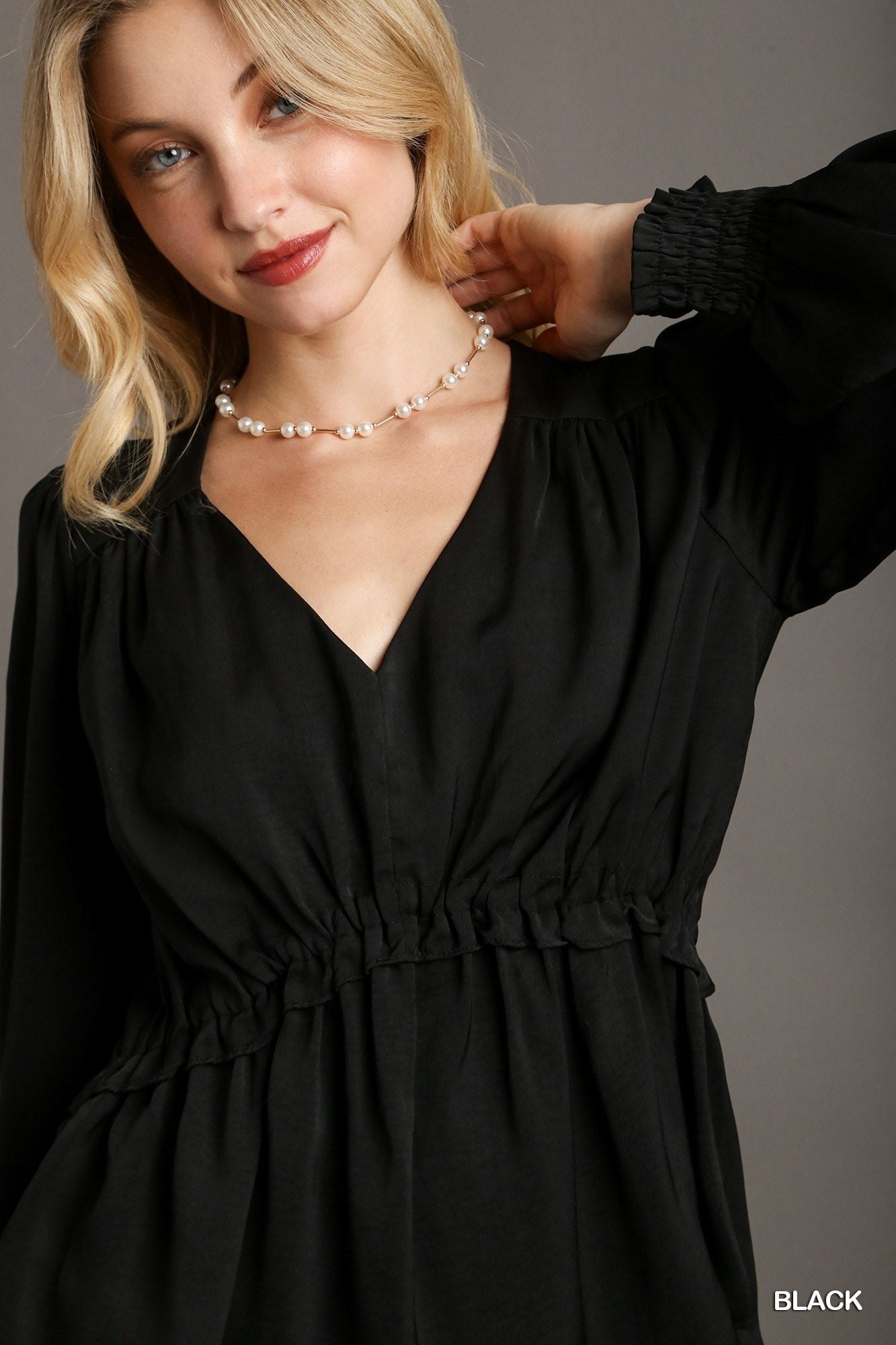 THE BELIEF Satin V-neck Ruffle Baby Doll Top With Cuffed Long Sleeve